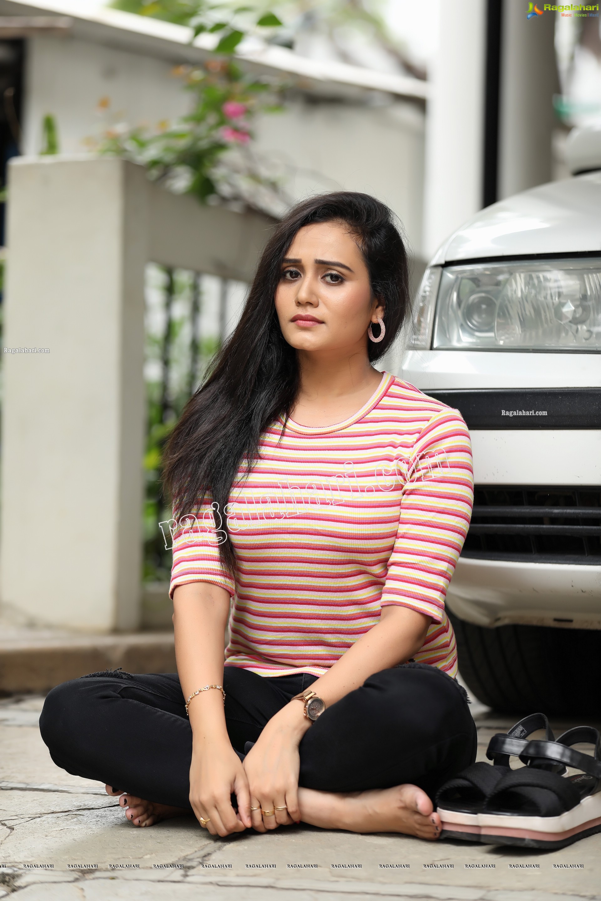 VJ Jaanu in Pink & Cream Striped T Shirt and Black Jeans Exclusive Photo Shoot