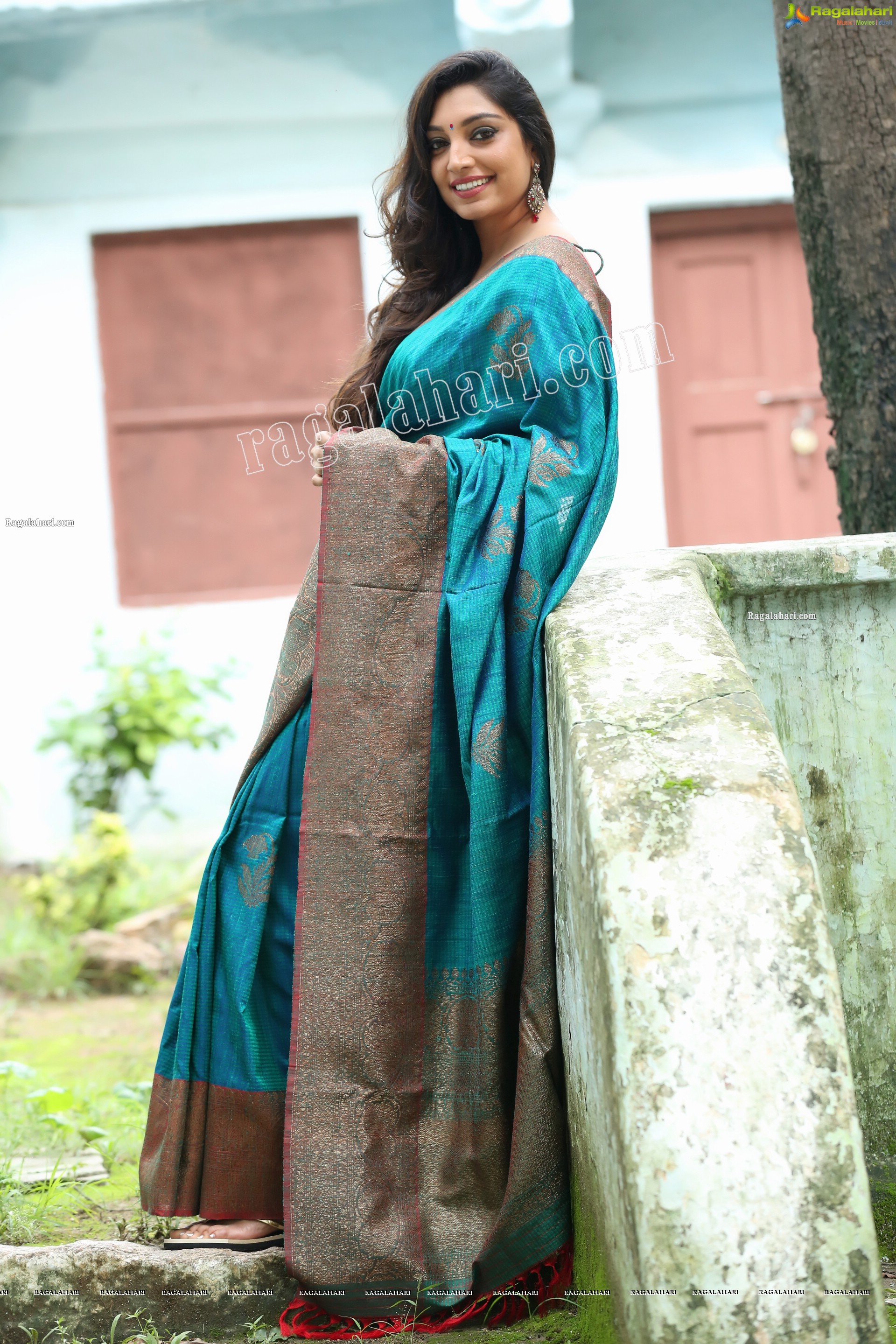 Rithu Manthra in Teal Blue Saree Exclusive Photo Shoot