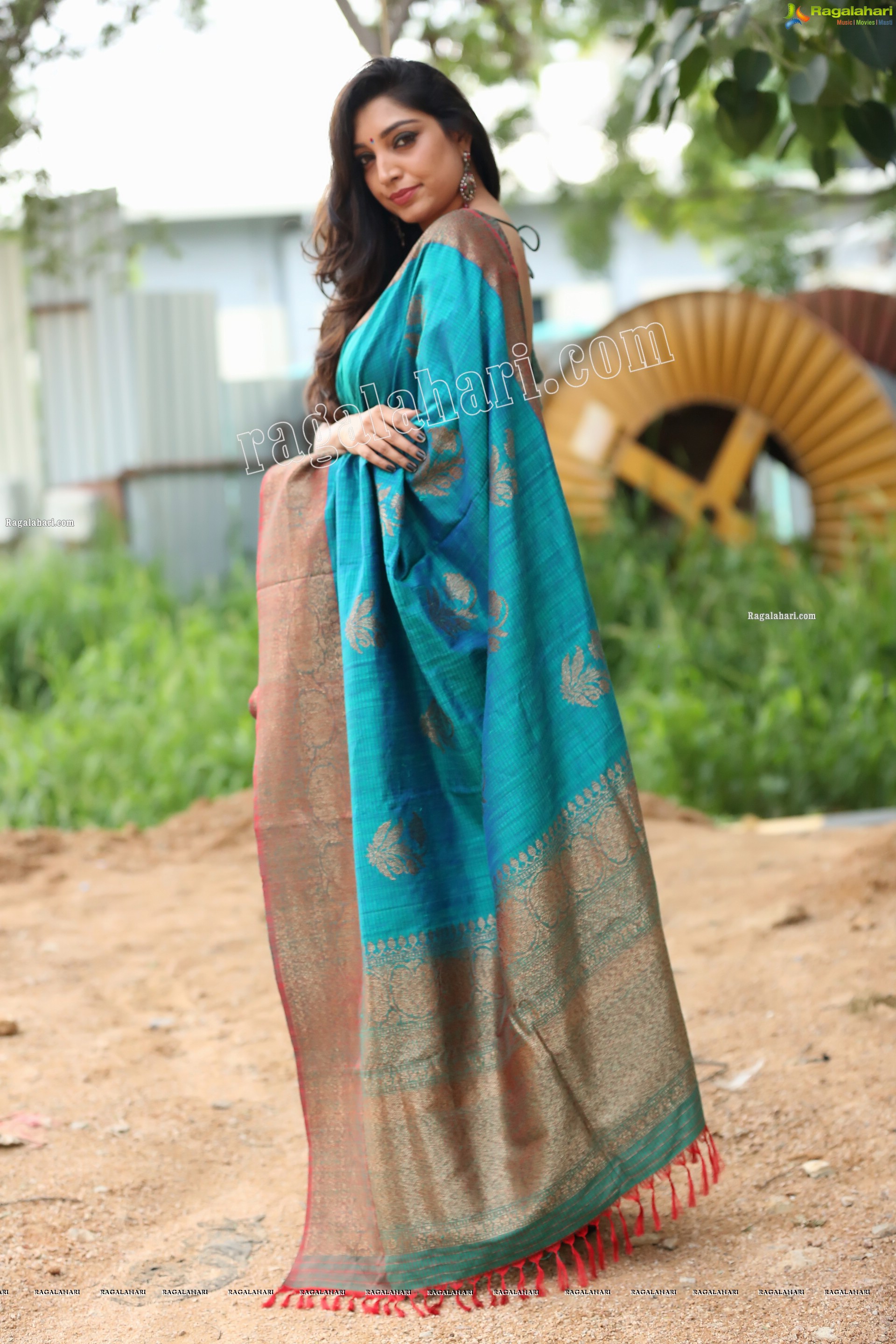 Rithu Manthra in Teal Blue Saree Exclusive Photo Shoot