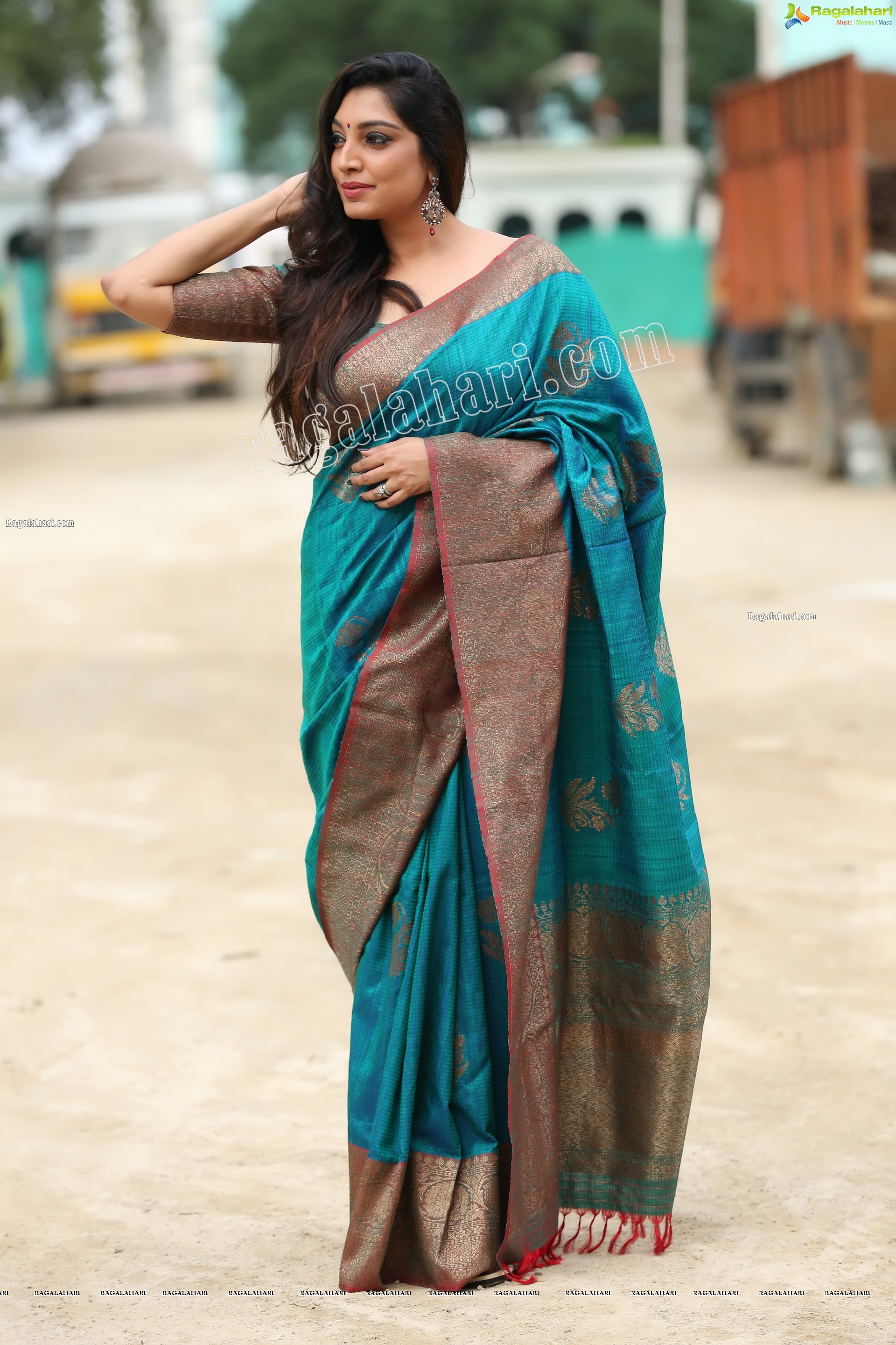 Rithu Manthra in Teal Blue Saree Exclusive Photo Shoot