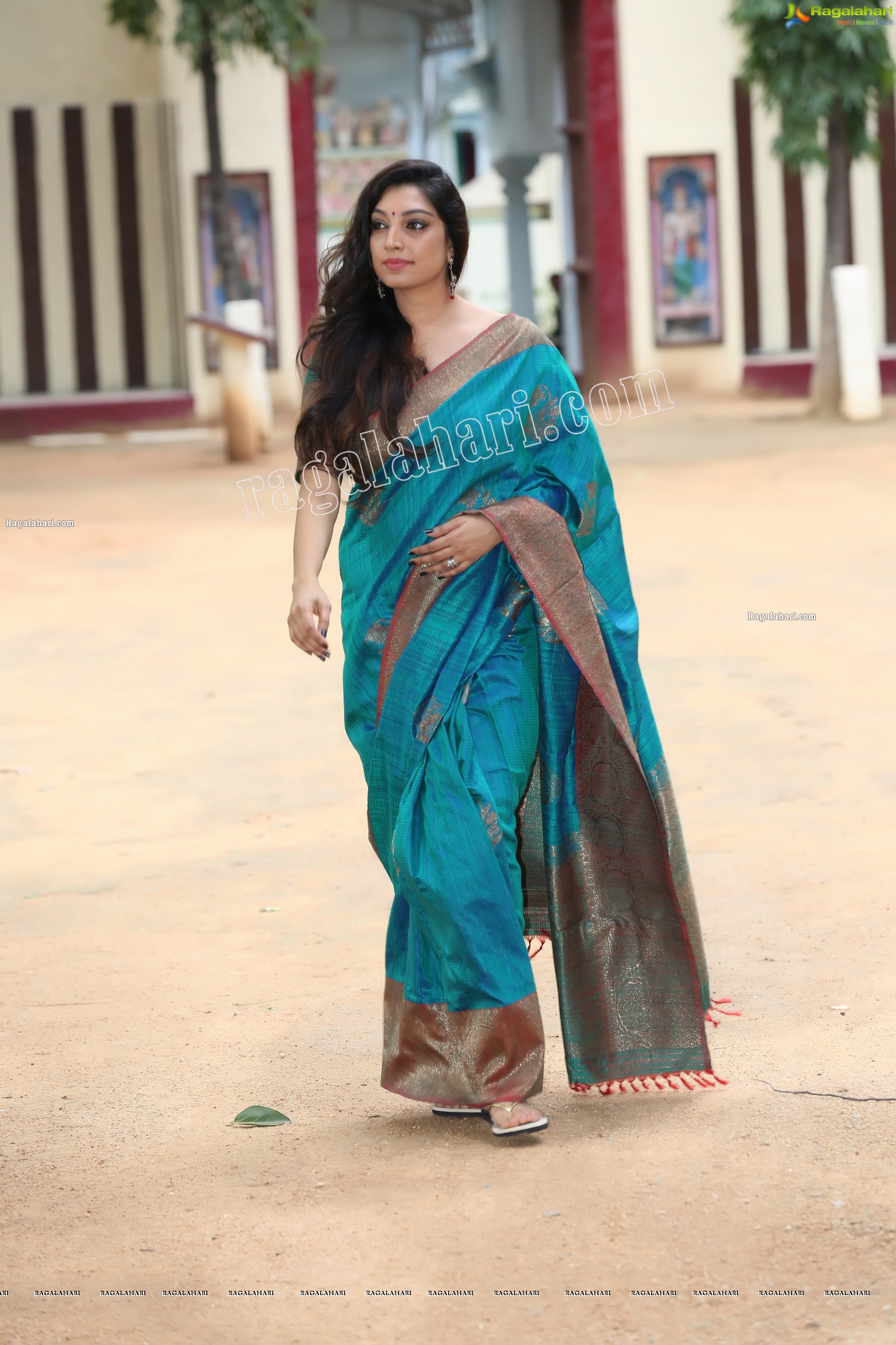 Rithu Manthra in Teal Blue Saree Exclusive Photo Shoot