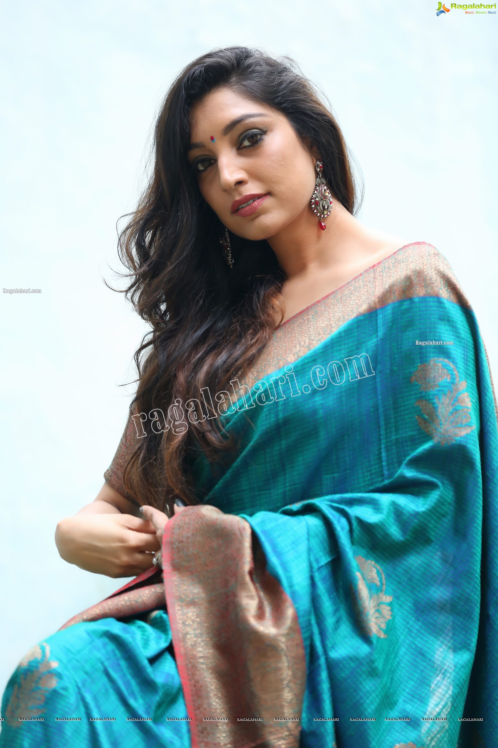 Rithu Manthra in Teal Blue Saree Exclusive Photo Shoot