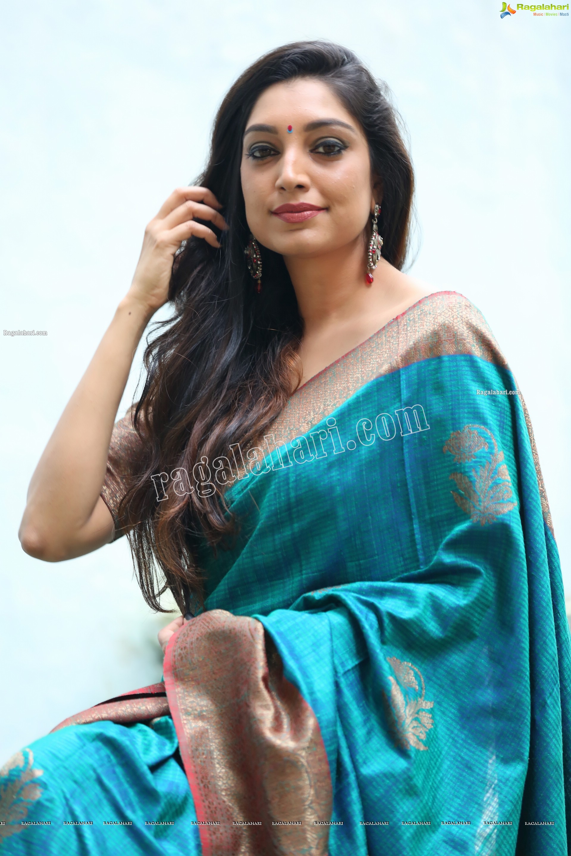 Rithu Manthra in Teal Blue Saree Exclusive Photo Shoot