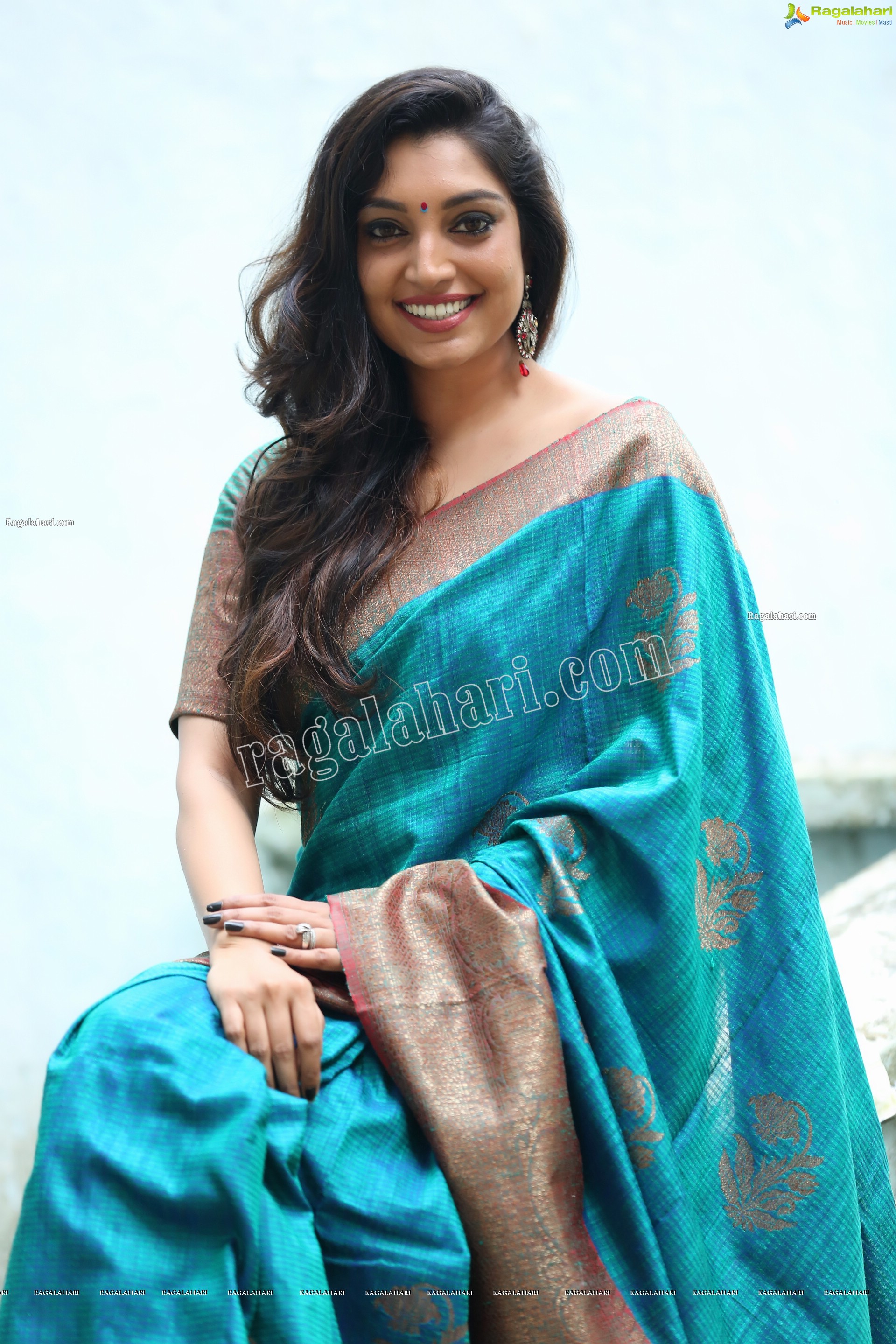 Rithu Manthra in Teal Blue Saree Exclusive Photo Shoot