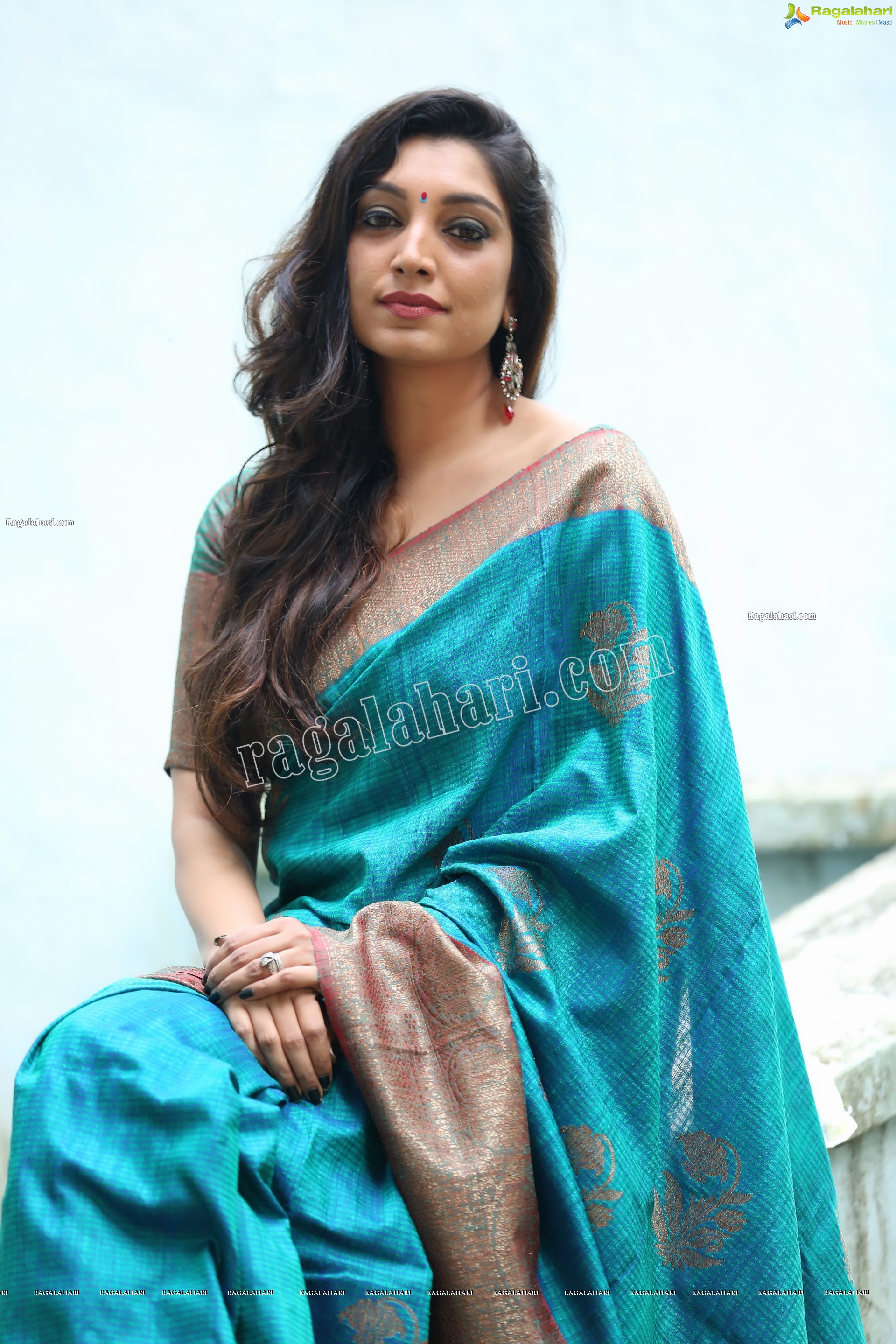 Rithu Manthra in Teal Blue Saree Exclusive Photo Shoot