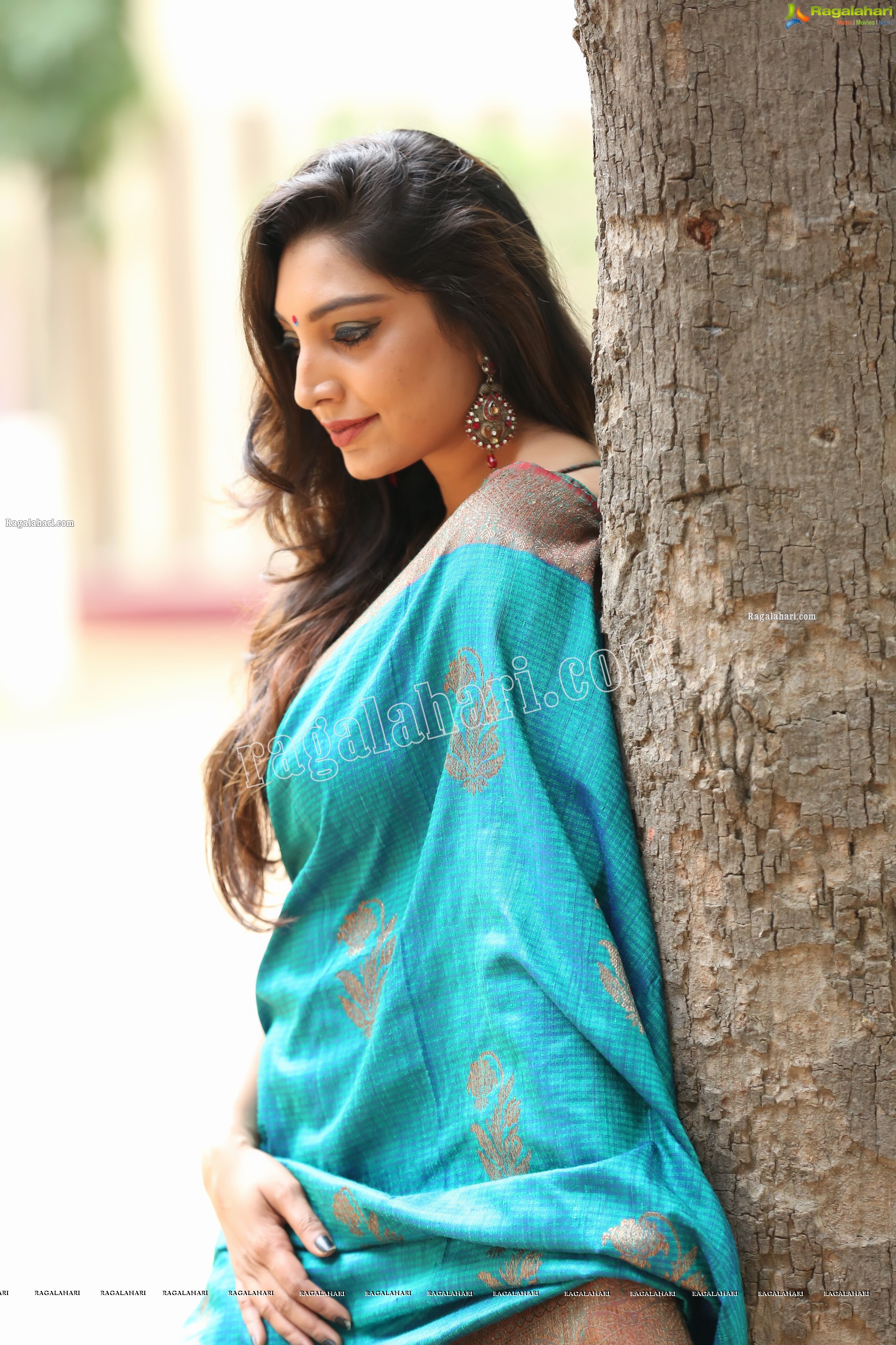 Rithu Manthra in Teal Blue Saree Exclusive Photo Shoot