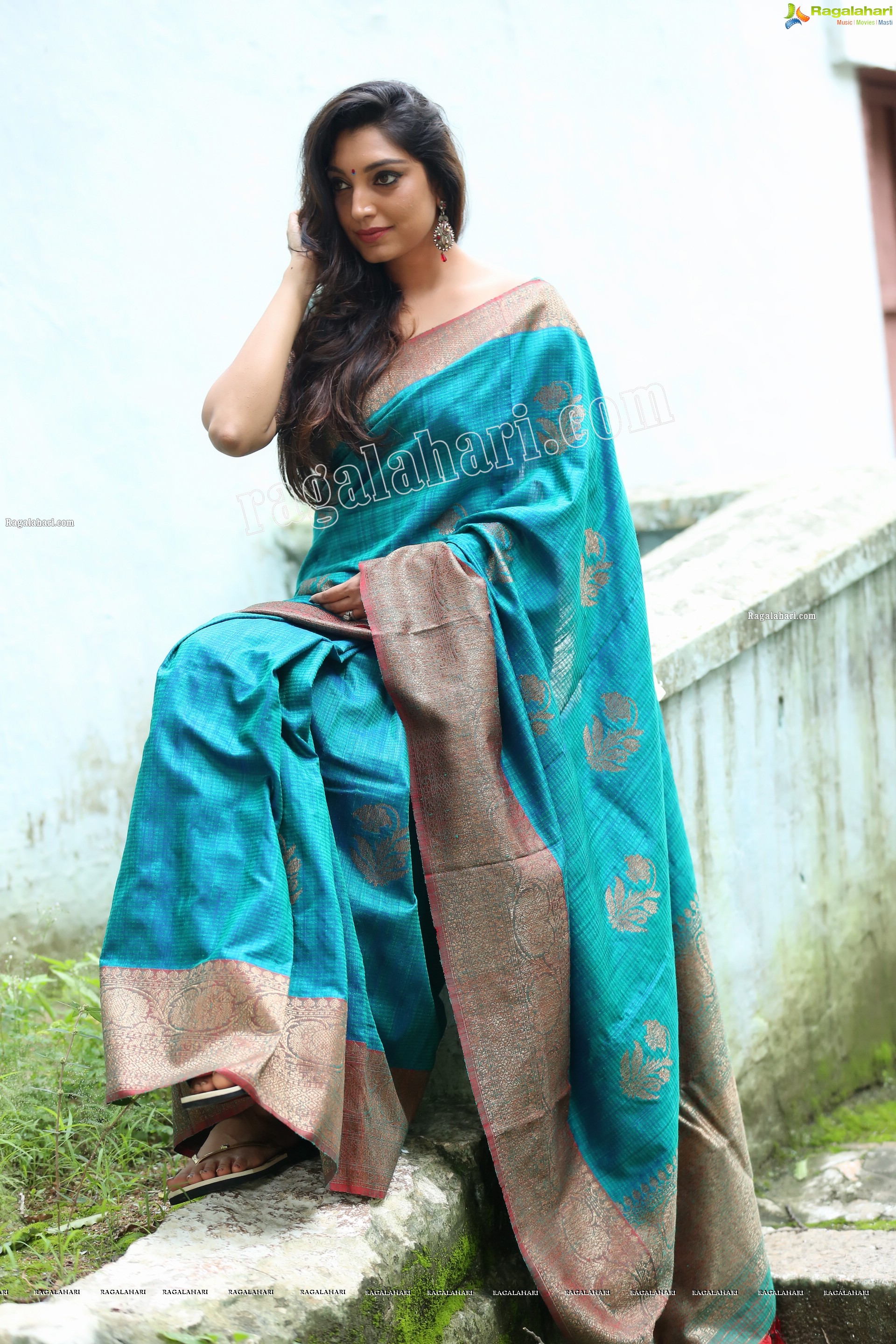 Rithu Manthra in Teal Blue Saree Exclusive Photo Shoot