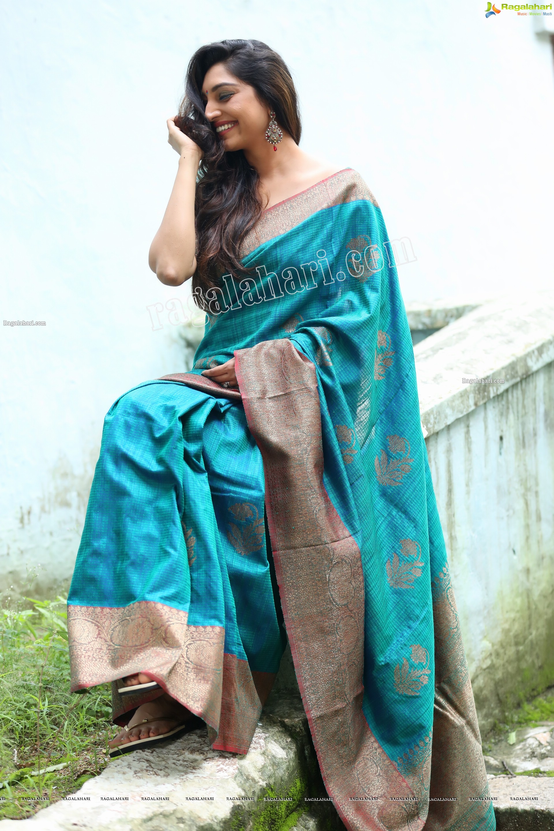 Rithu Manthra in Teal Blue Saree Exclusive Photo Shoot