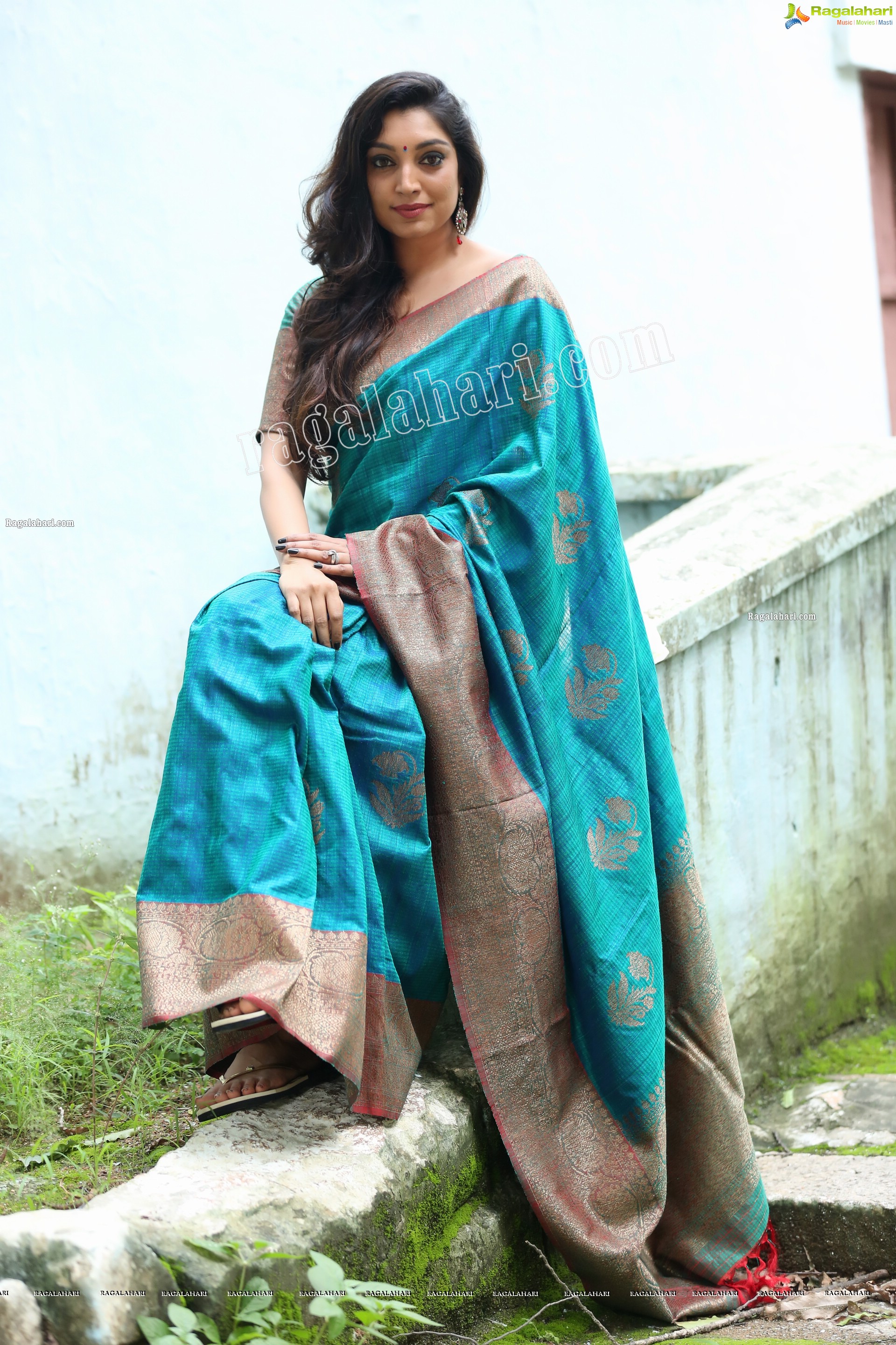 Rithu Manthra in Teal Blue Saree Exclusive Photo Shoot