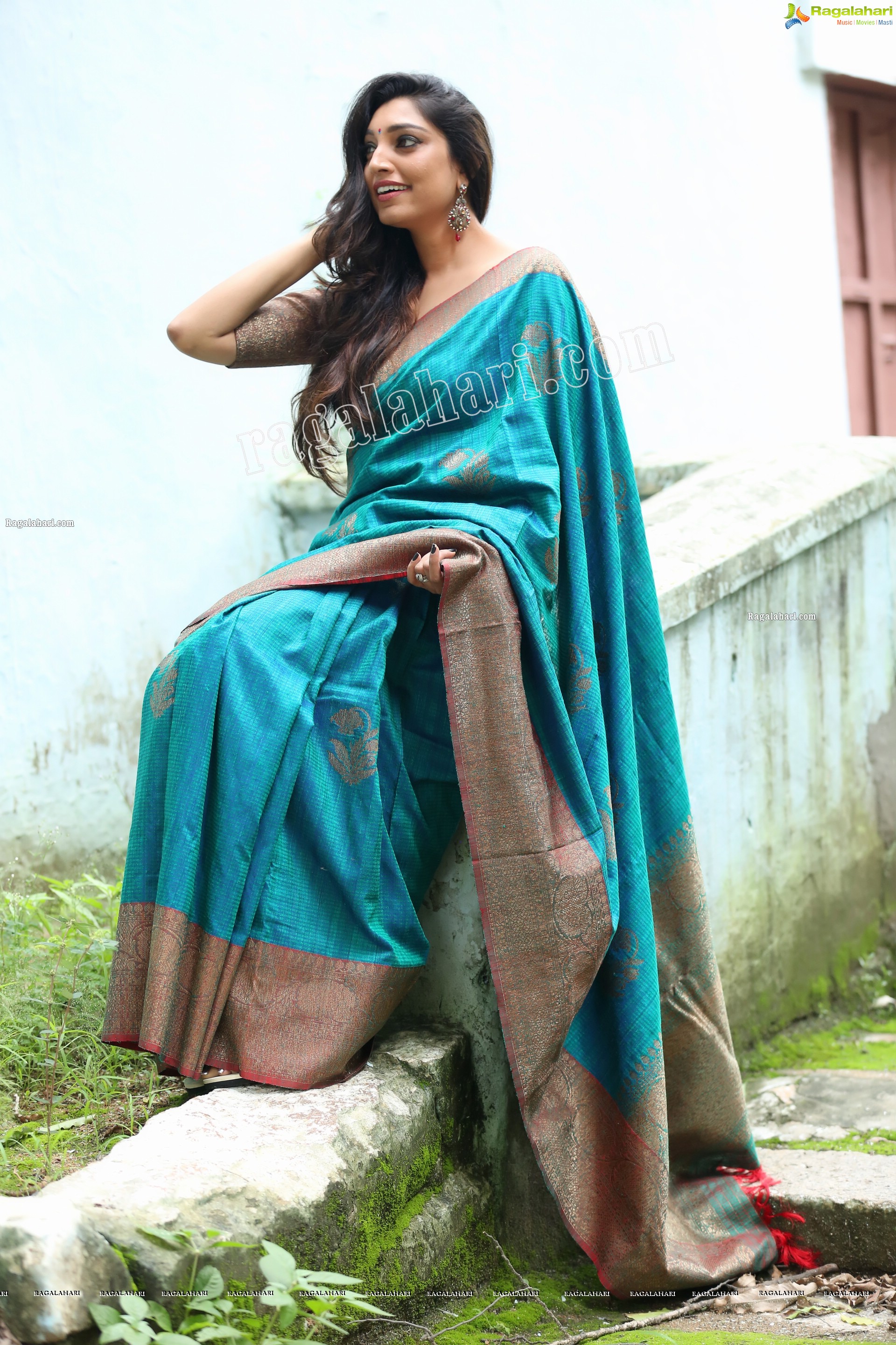 Rithu Manthra in Teal Blue Saree Exclusive Photo Shoot