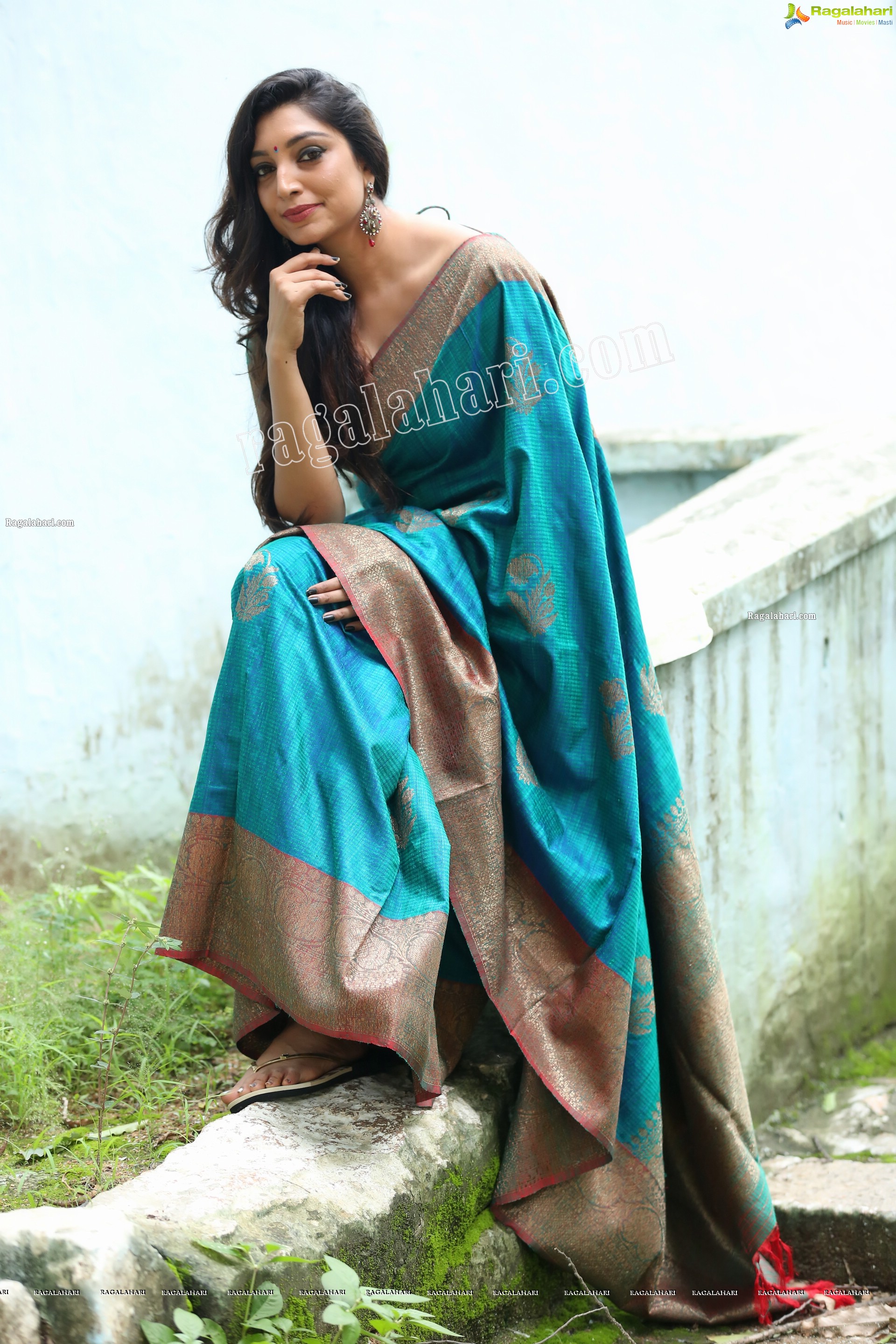 Rithu Manthra in Teal Blue Saree Exclusive Photo Shoot