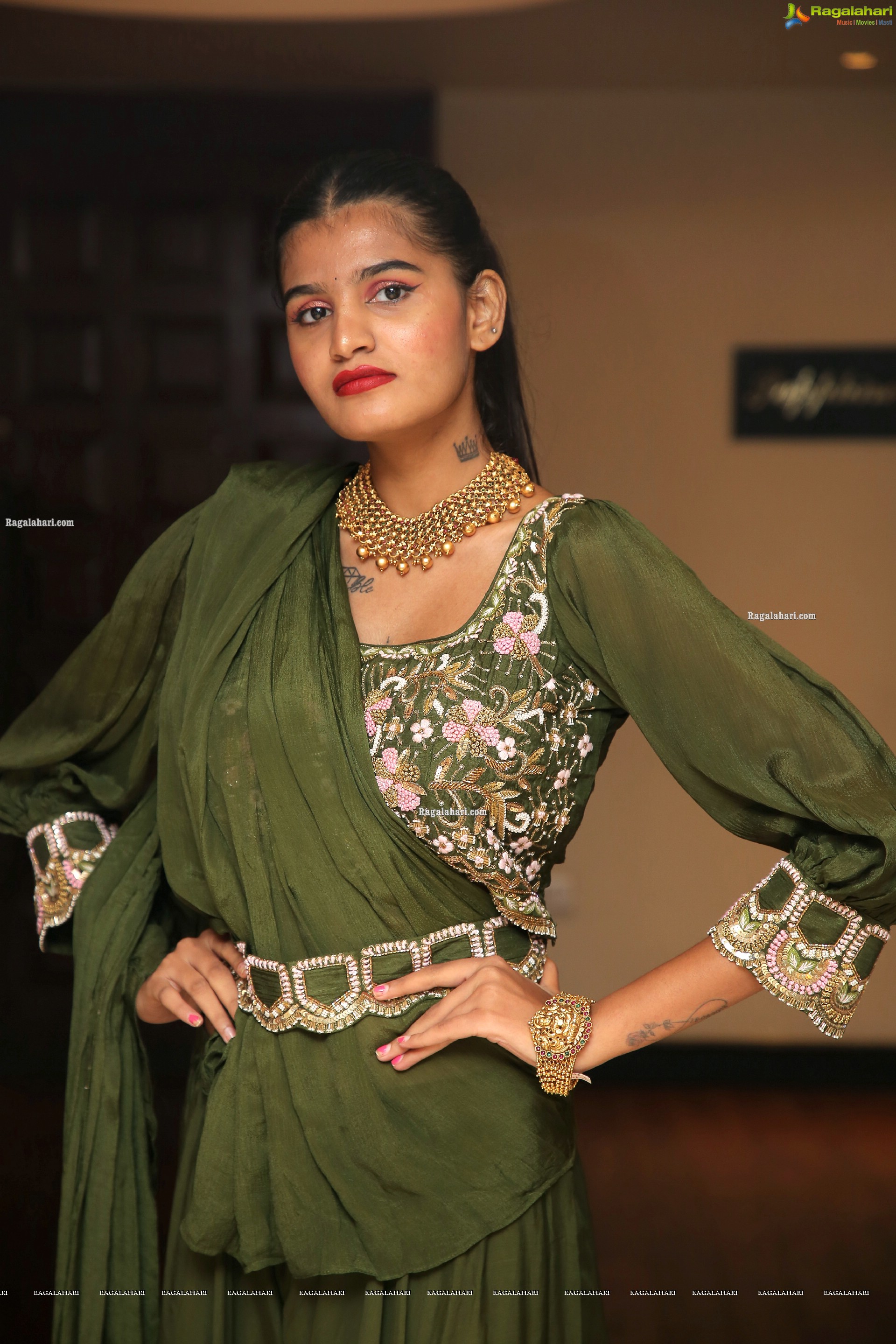 Sindhu Manthri in Olive Green Lehenga, HD Photo Gallery