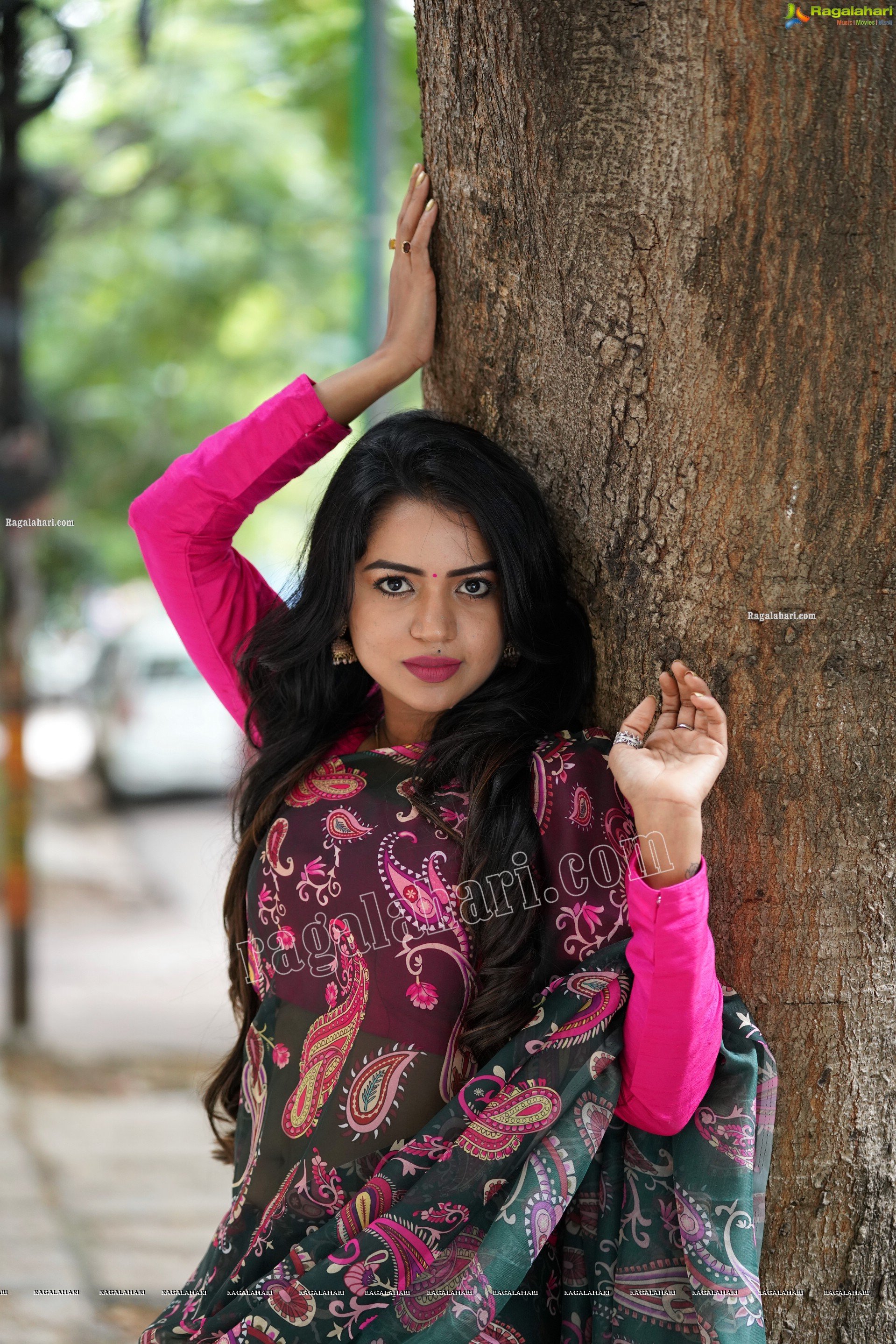 Bhavya Sri in Dark Green Printed Saree, Exclusive Photoshoot
