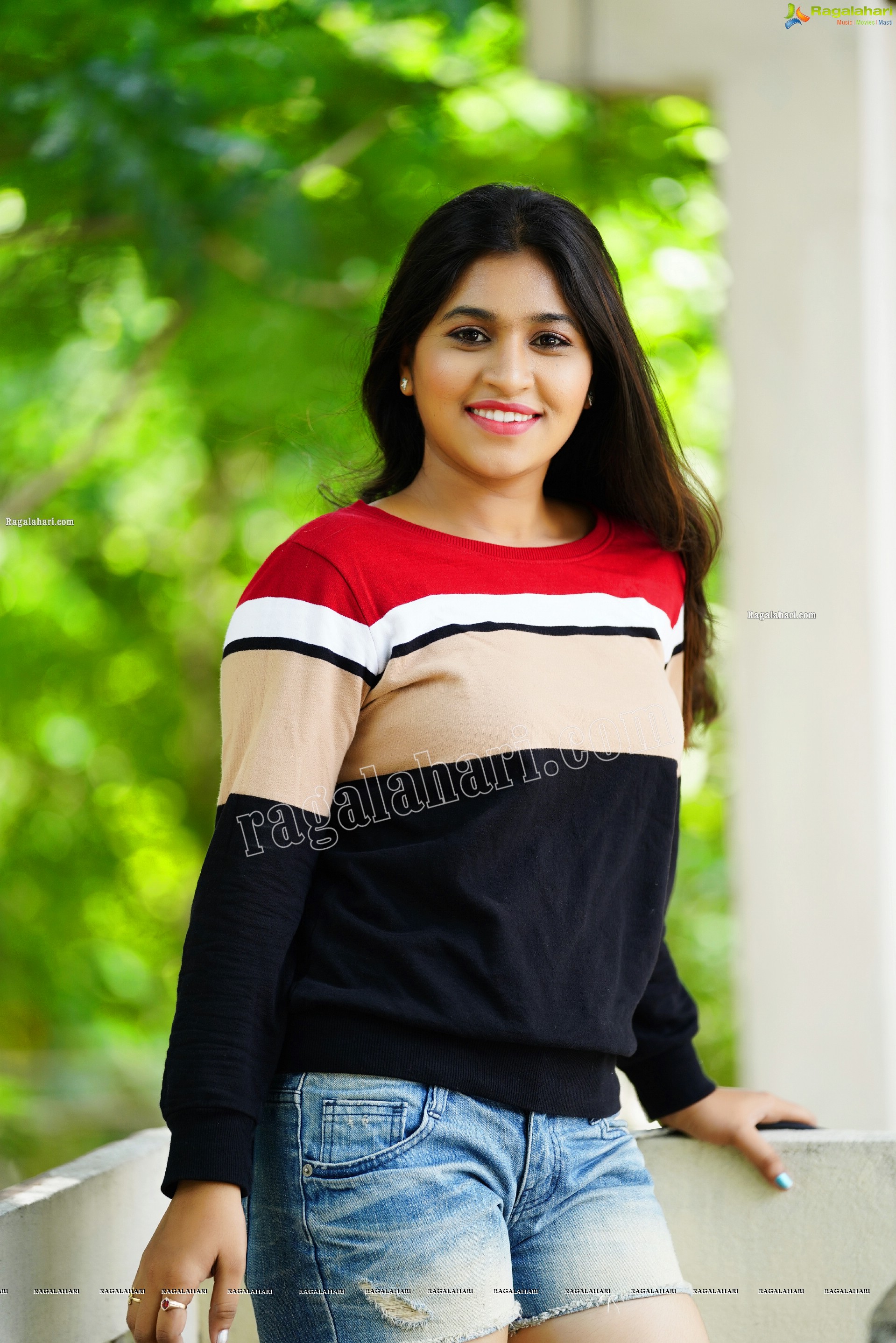 Honey Royal in Black and Red Checked Sweatshirt and Denim Shorts, Exclusive Photoshoot