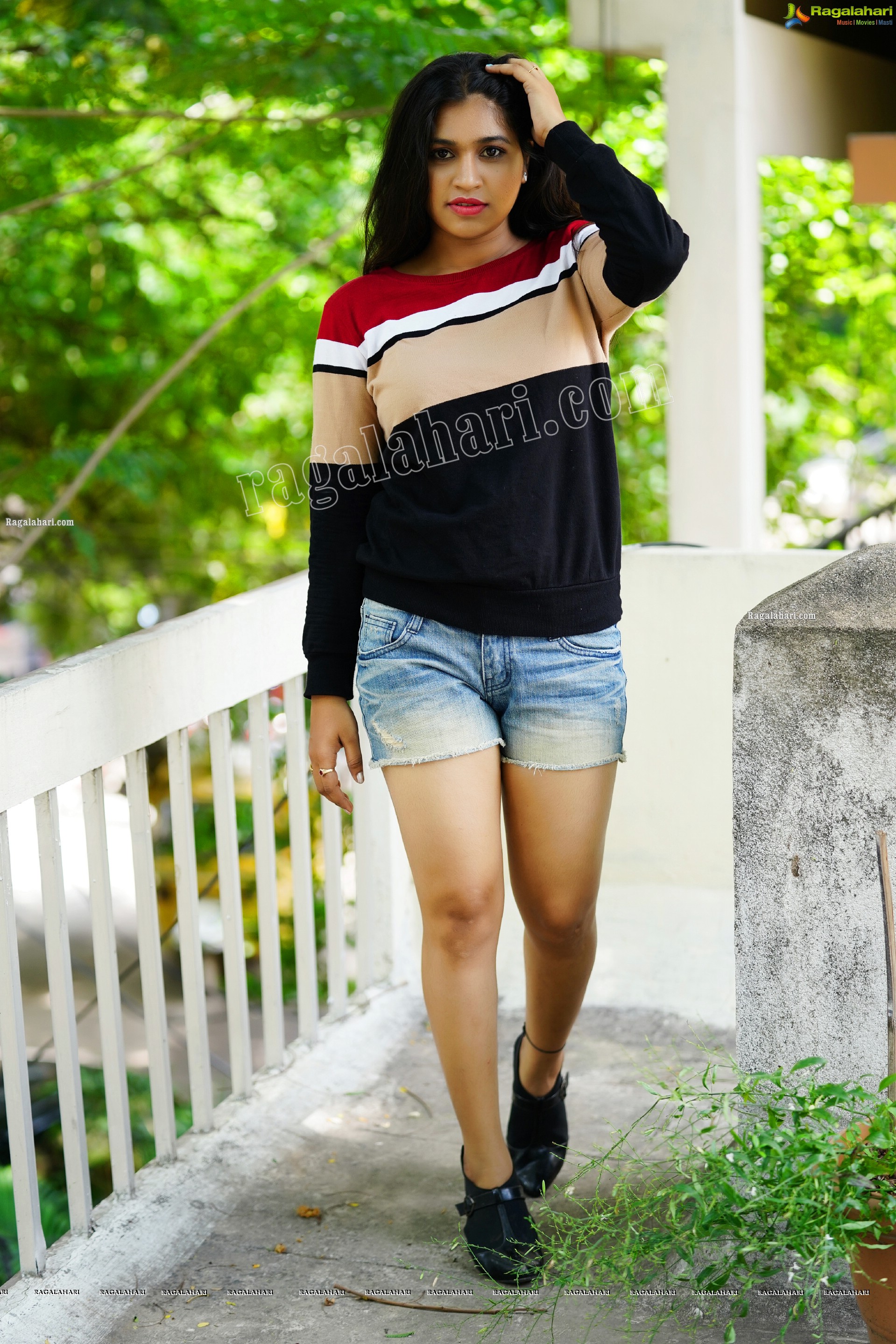 Honey Royal in Black and Red Checked Sweatshirt and Denim Shorts, Exclusive Photoshoot