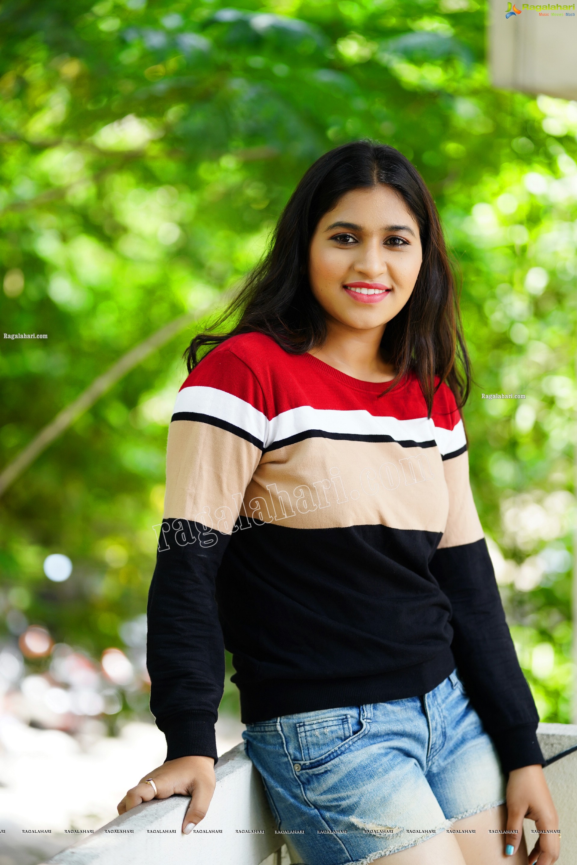 Honey Royal in Black and Red Checked Sweatshirt and Denim Shorts, Exclusive Photoshoot