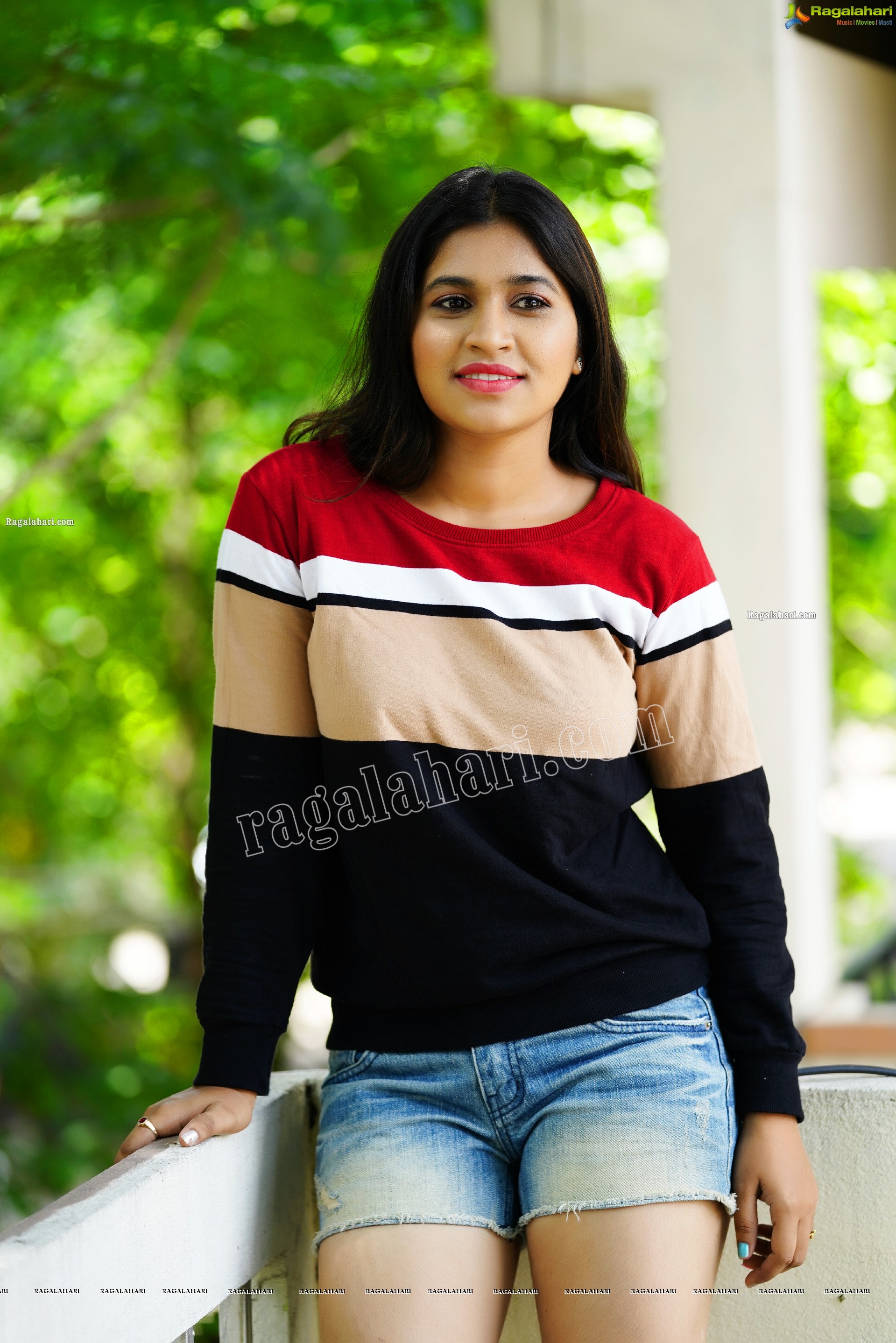Honey Royal in Black and Red Checked Sweatshirt and Denim Shorts, Exclusive Photoshoot