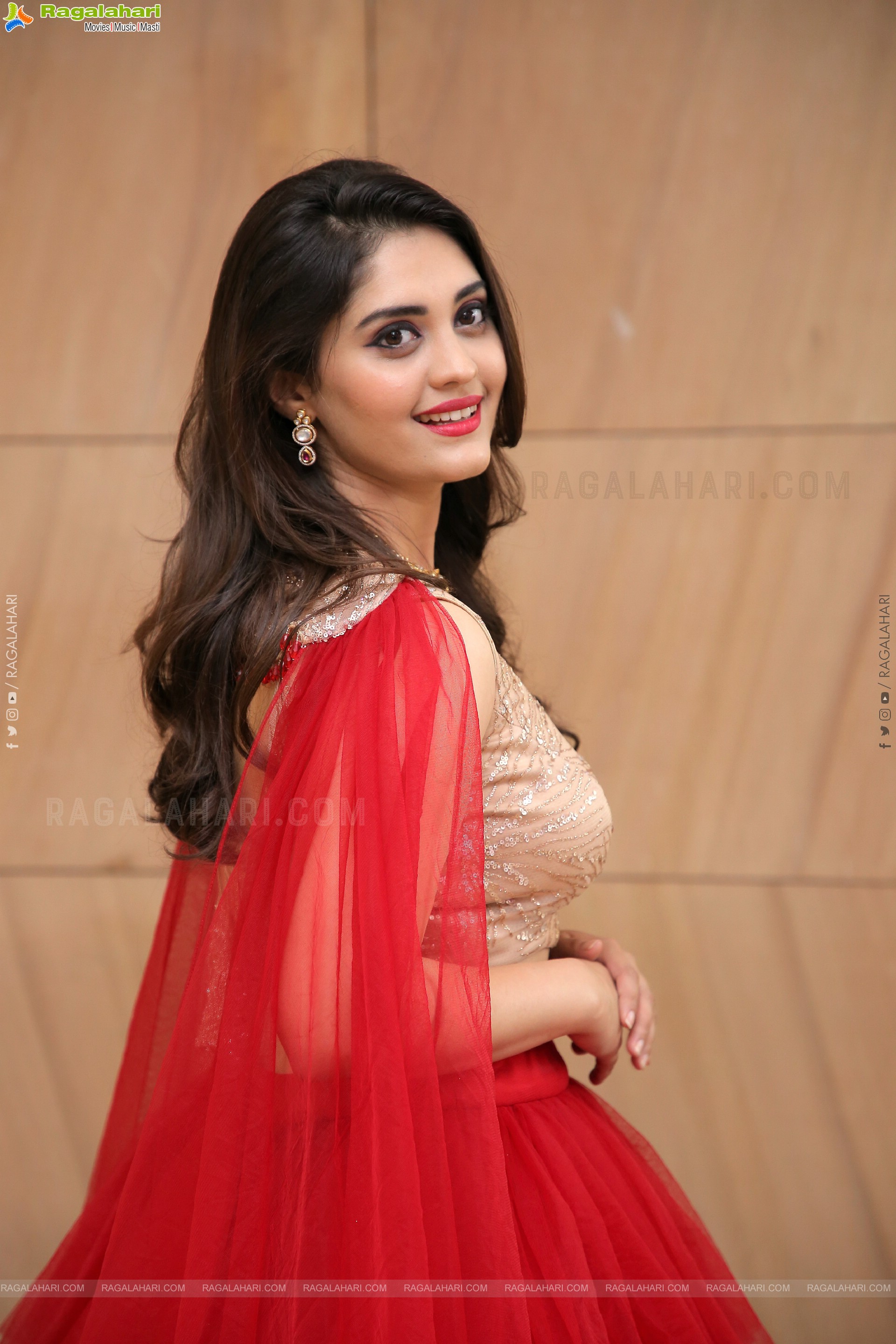 Surbhi Puranik in Red Designer Ruffle Lehenga Choli, HD Photo Gallery