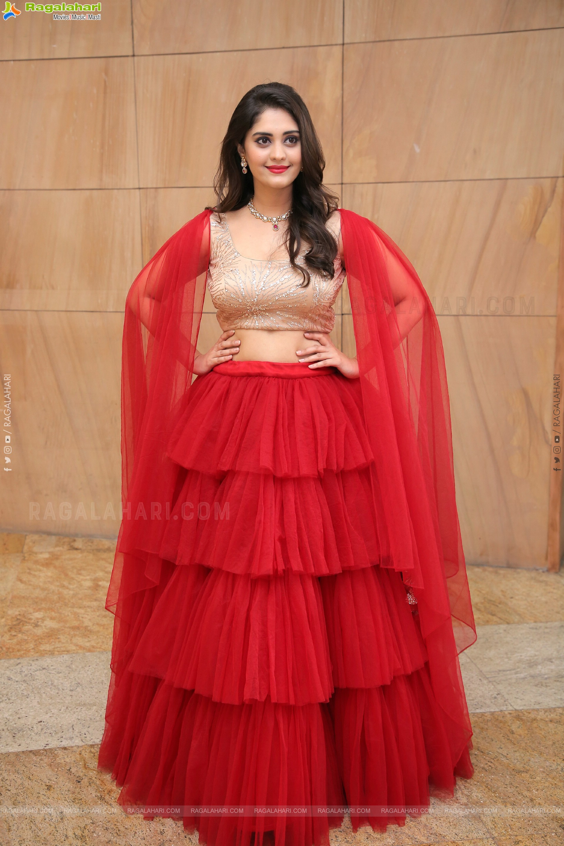 Surbhi Puranik in Red Designer Ruffle Lehenga Choli, HD Photo Gallery