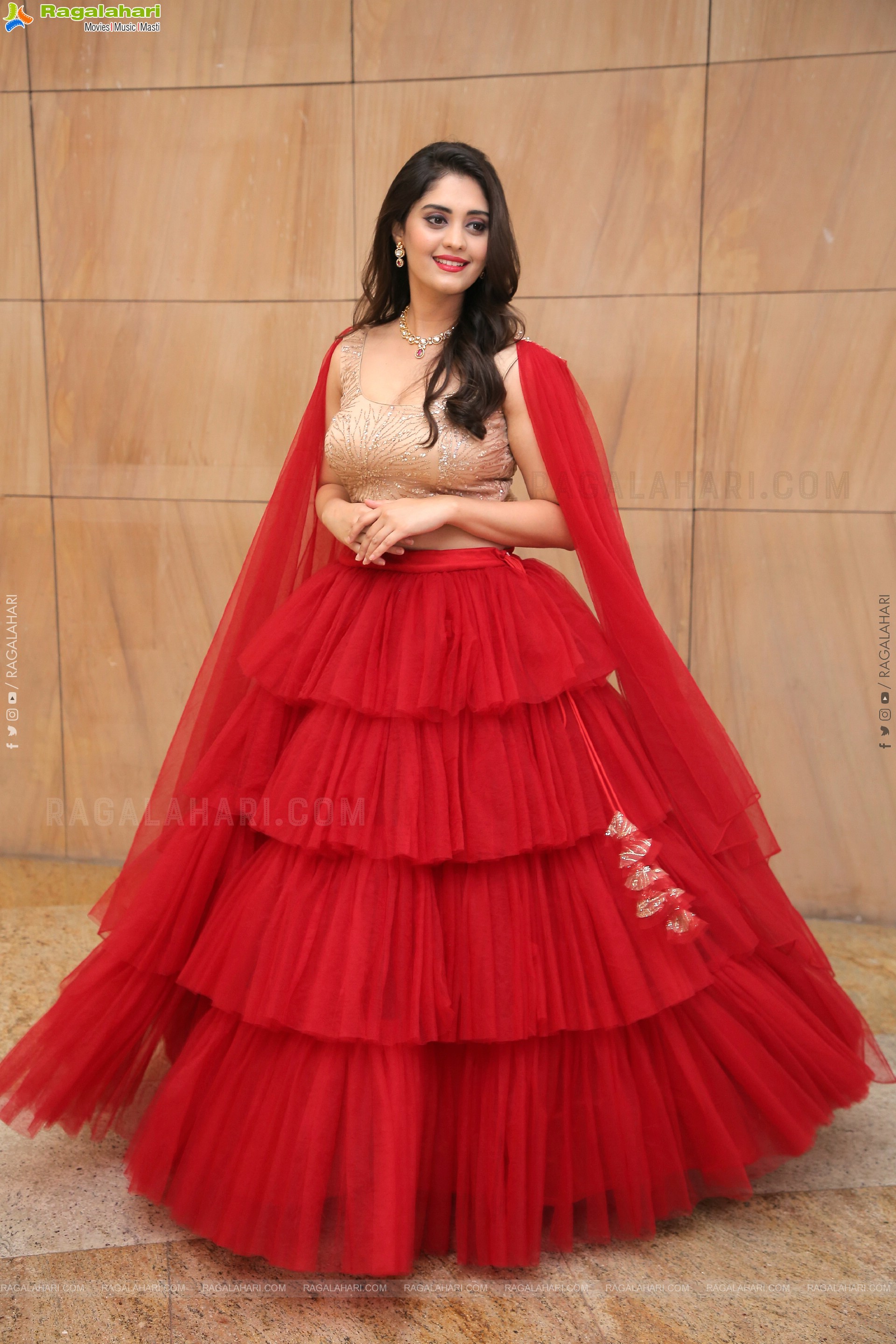 Surbhi Puranik in Red Designer Ruffle Lehenga Choli, HD Photo Gallery