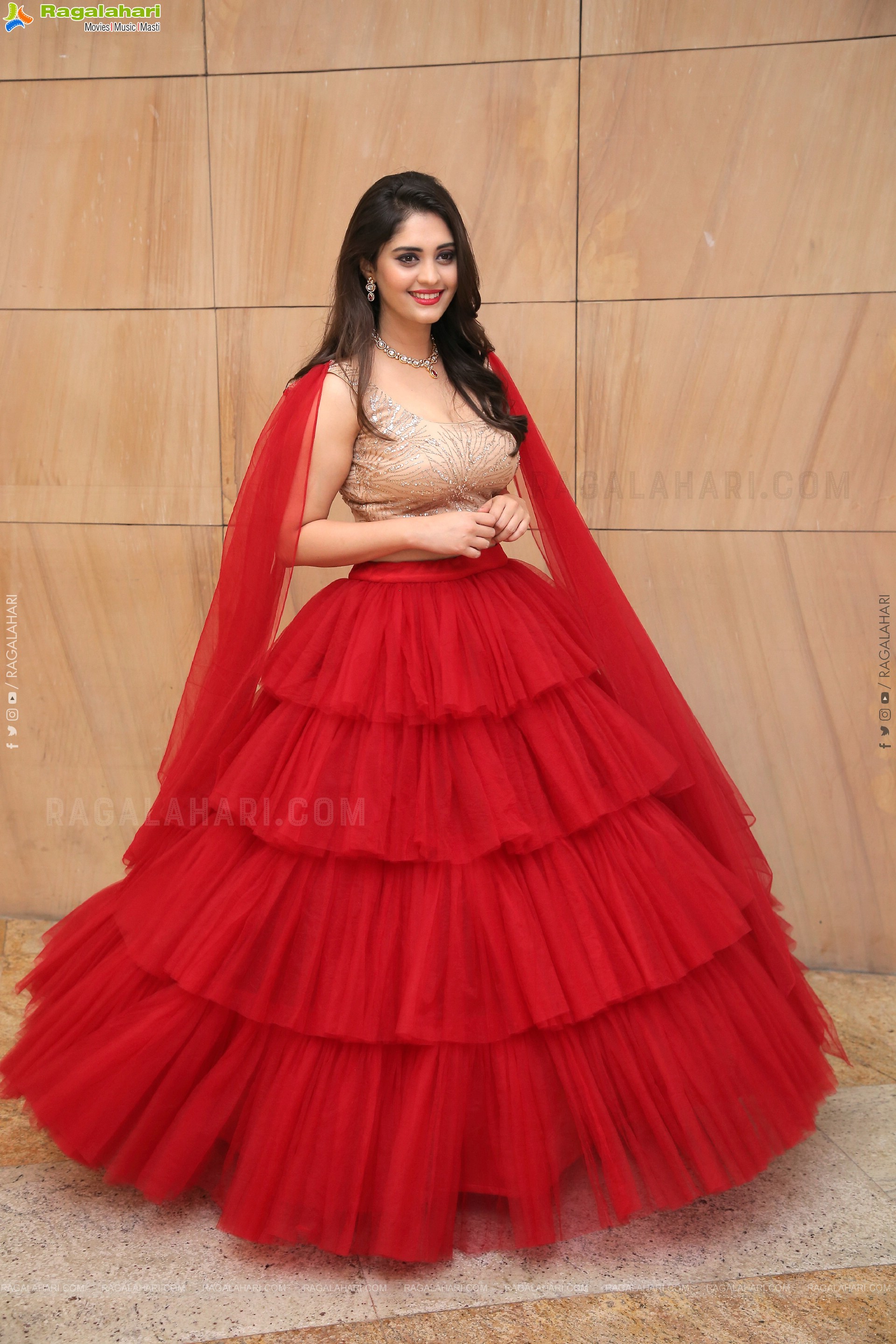 Surbhi Puranik in Red Designer Ruffle Lehenga Choli, HD Photo Gallery