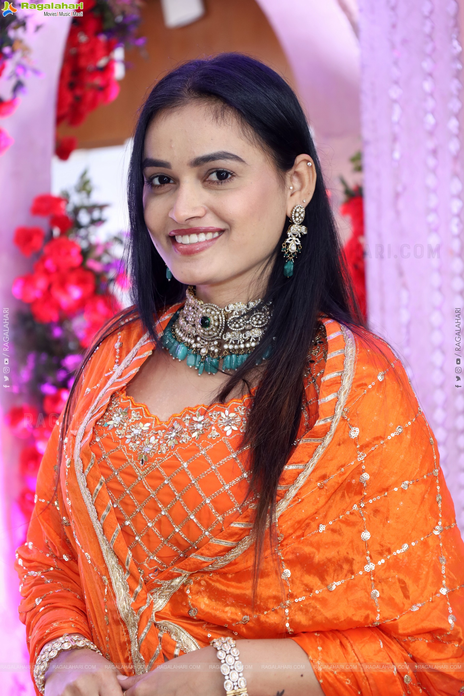 Manu Malleshwari stills in Orange Colour Designer Dress, HD Gallery