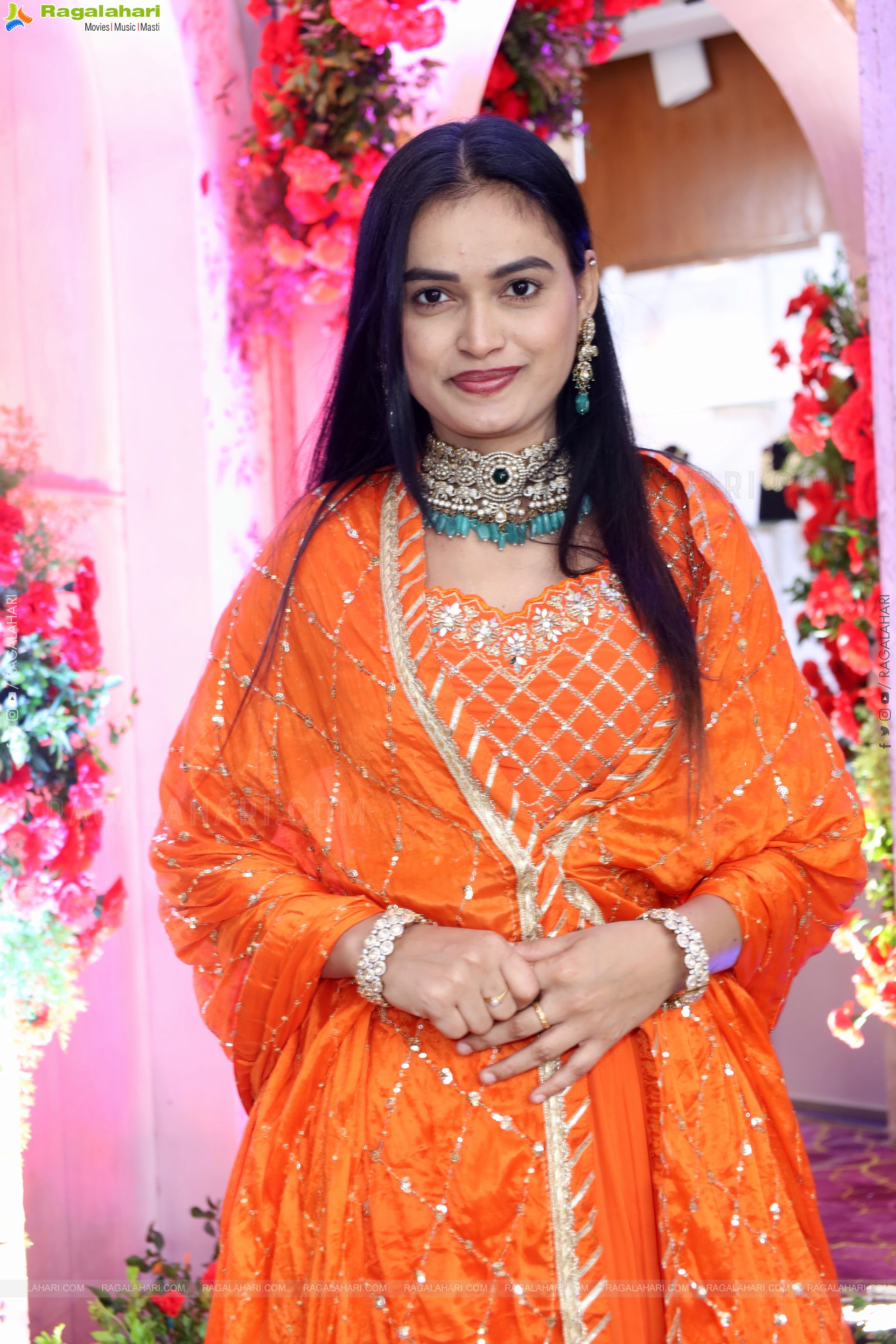 Manu Malleshwari stills in Orange Colour Designer Dress, HD Gallery