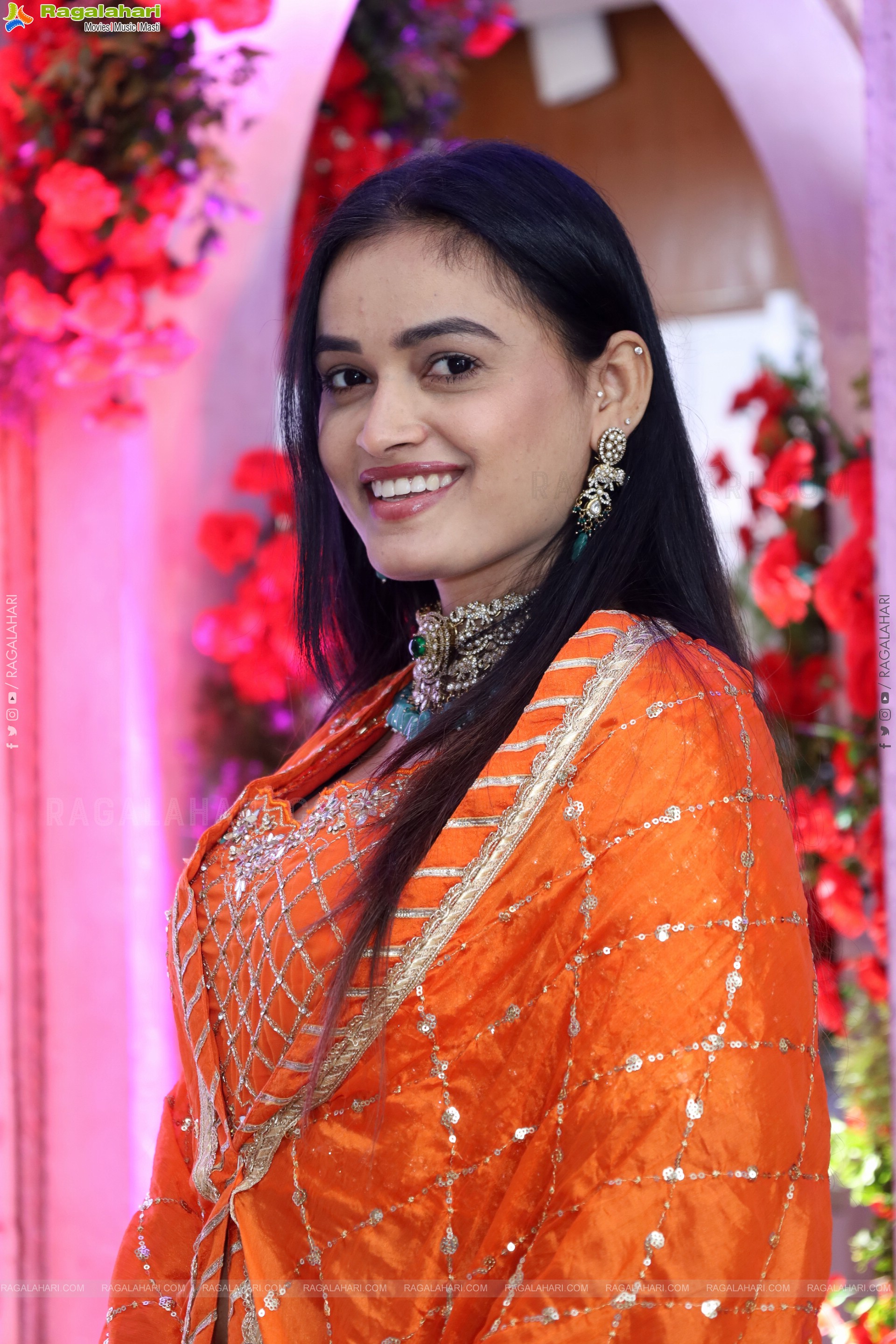 Manu Malleshwari stills in Orange Colour Designer Dress, HD Gallery