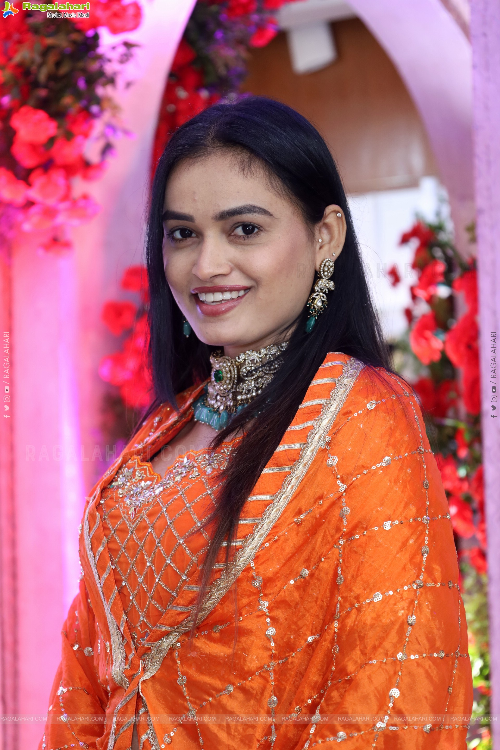 Manu Malleshwari stills in Orange Colour Designer Dress, HD Gallery
