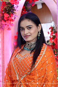 Manu Malleshwari stills in Orange Colour Designer Dress