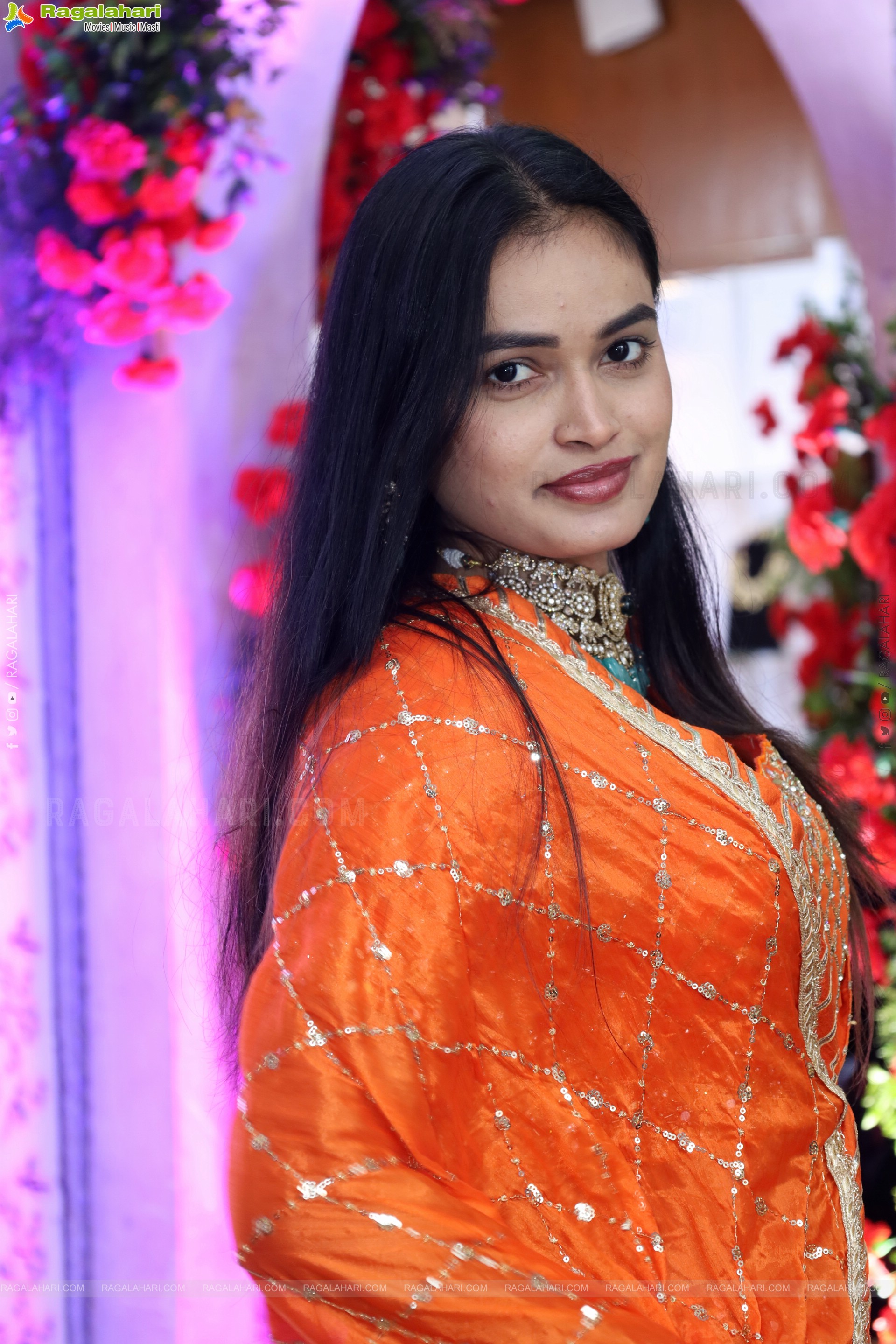Manu Malleshwari stills in Orange Colour Designer Dress, HD Gallery