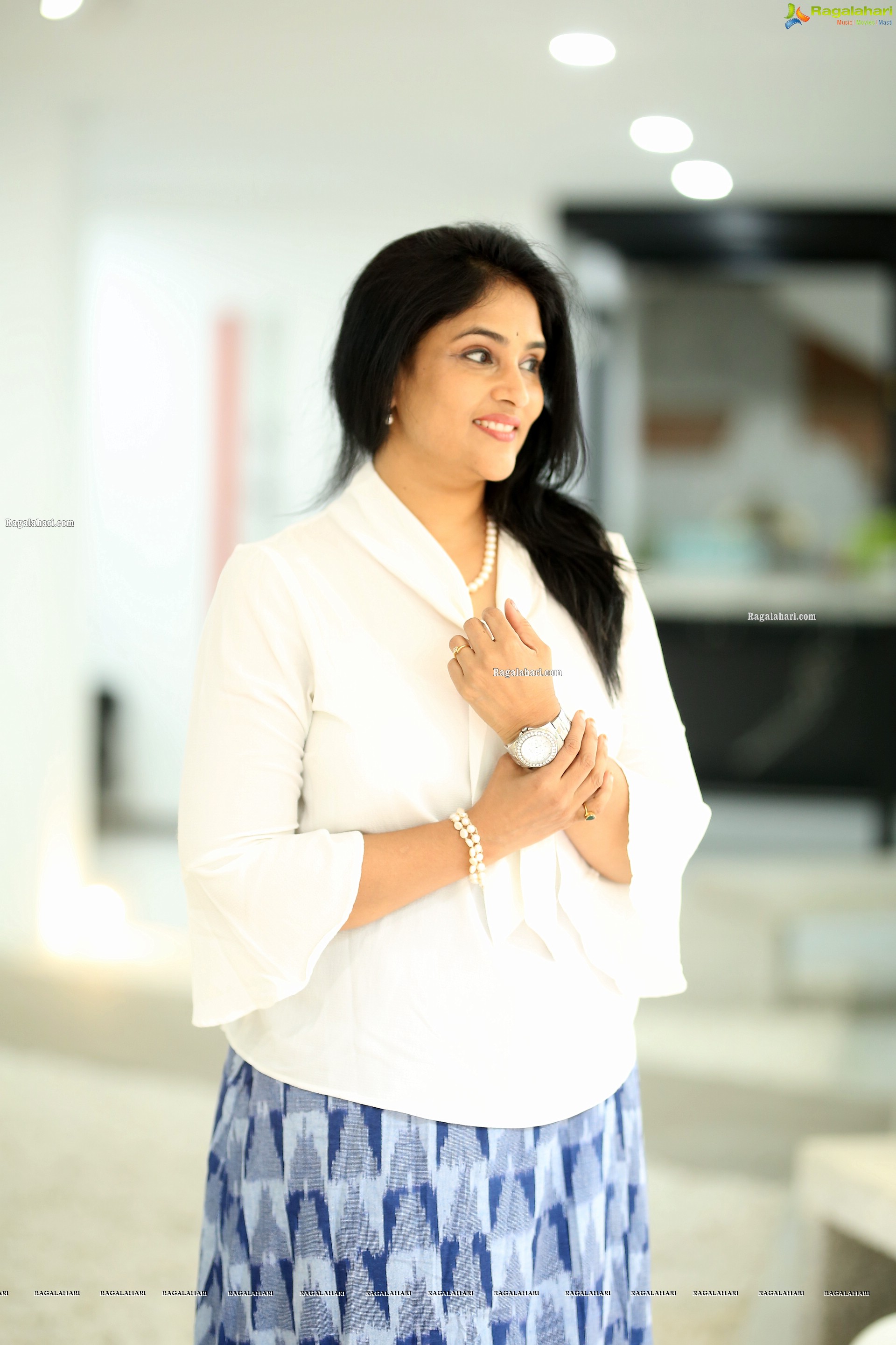 Gayatri Bhargavi in Classic White Top and Blue Skirt, HD Gallery