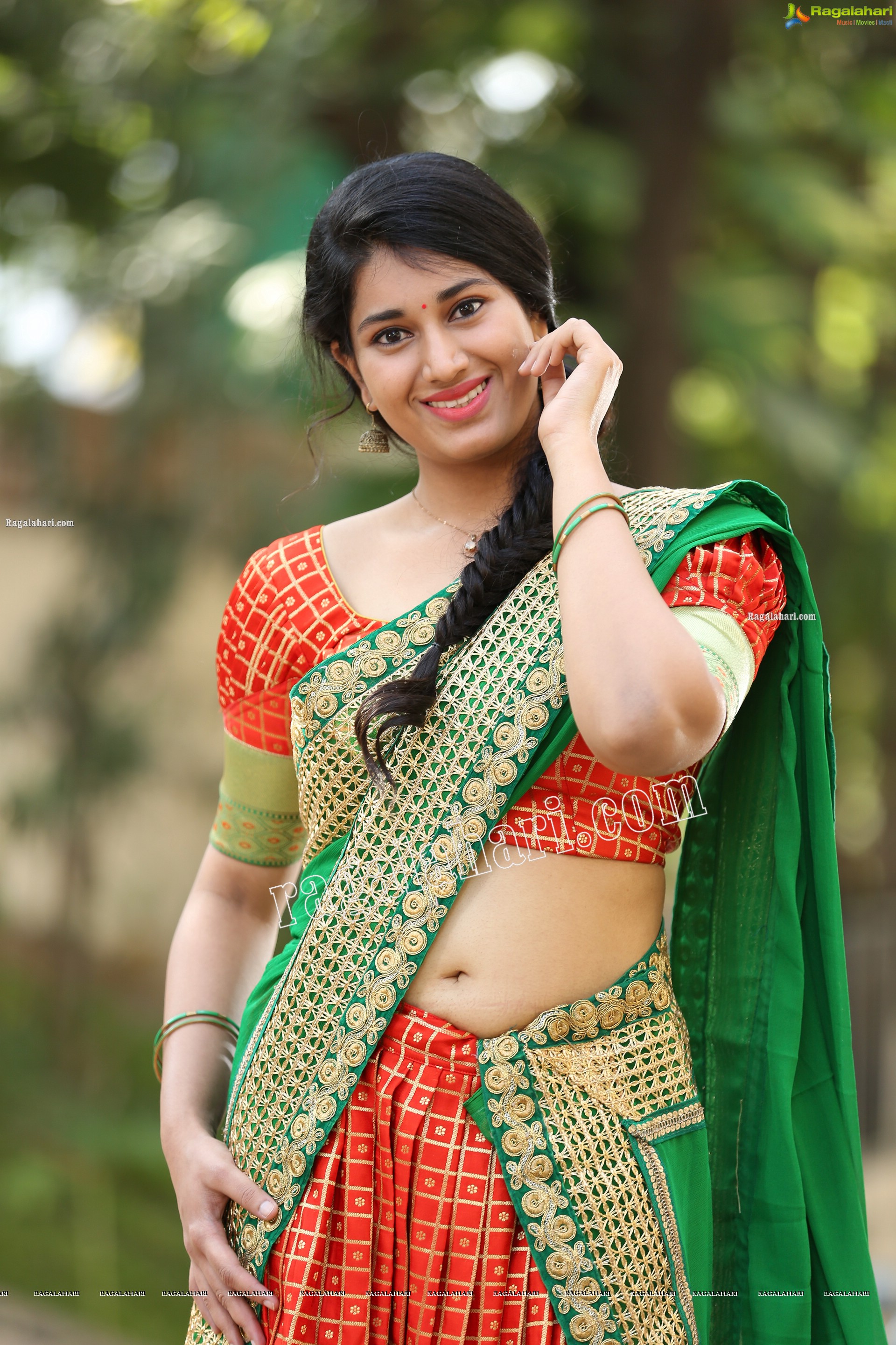 Akhila Ram in Red and Green Classic Combination Half saree, Exclusive Photo Shoot