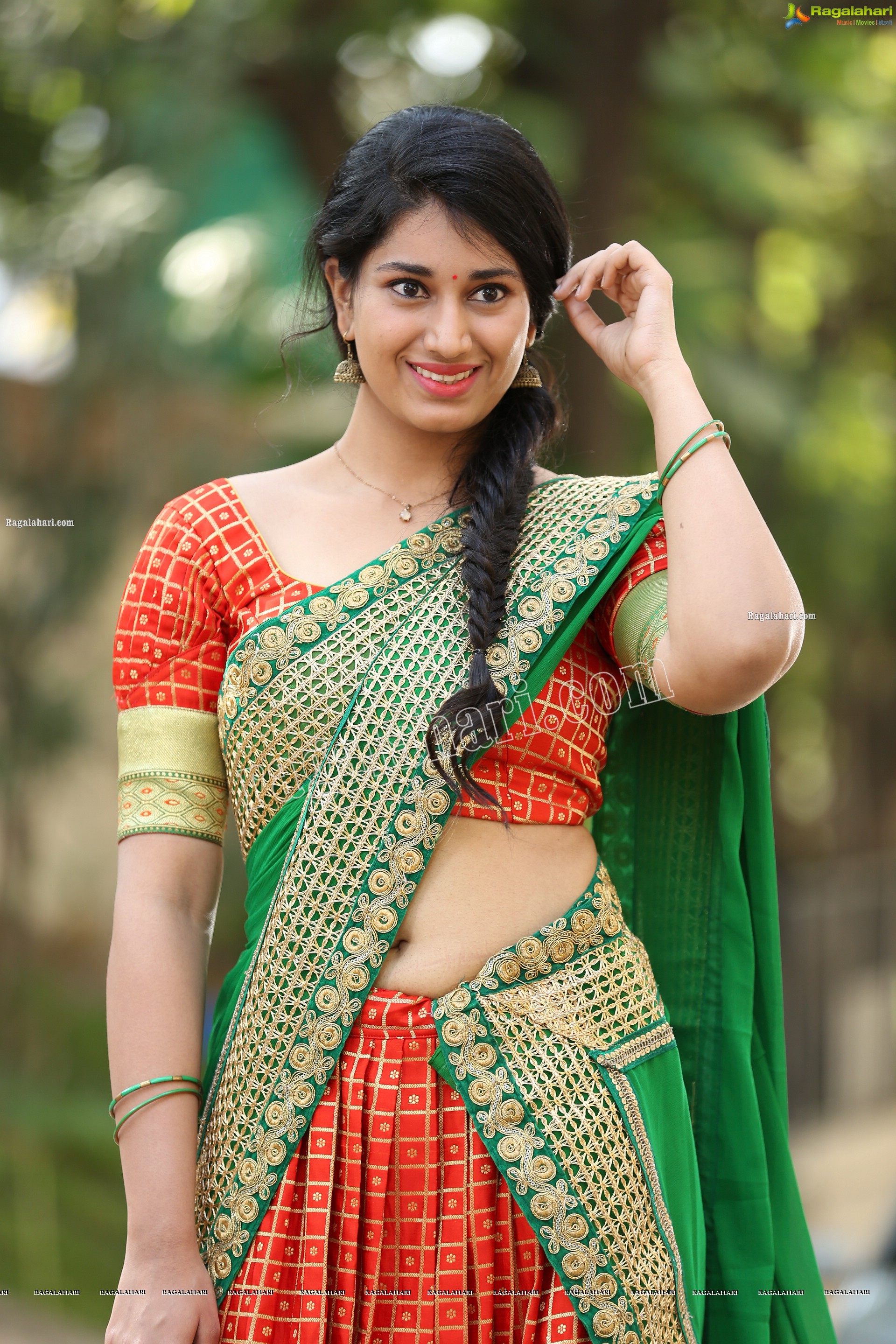 Akhila Ram in Red and Green Classic Combination Half saree, Exclusive Photo Shoot