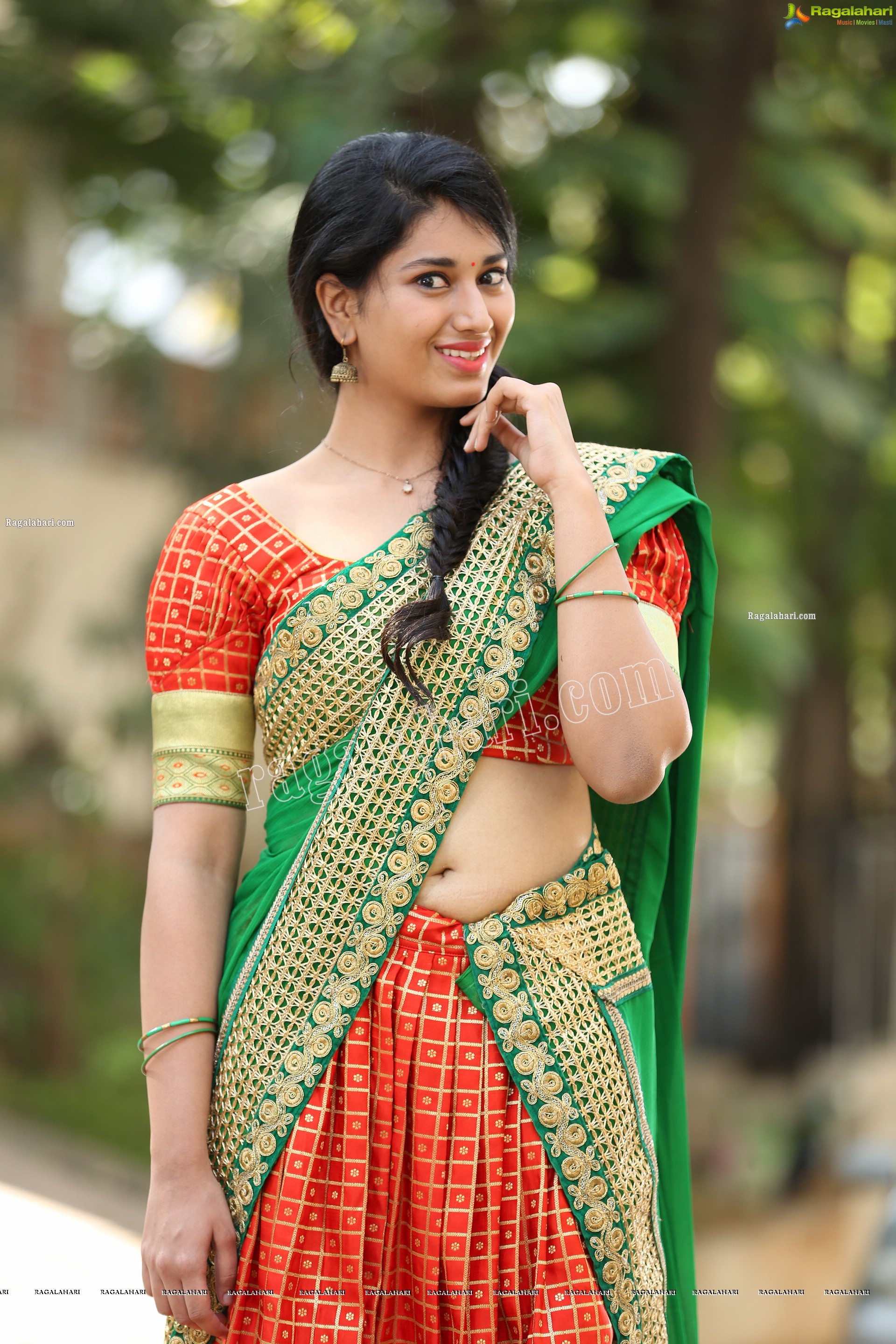 Akhila Ram in Red and Green Classic Combination Half saree, Exclusive Photo Shoot