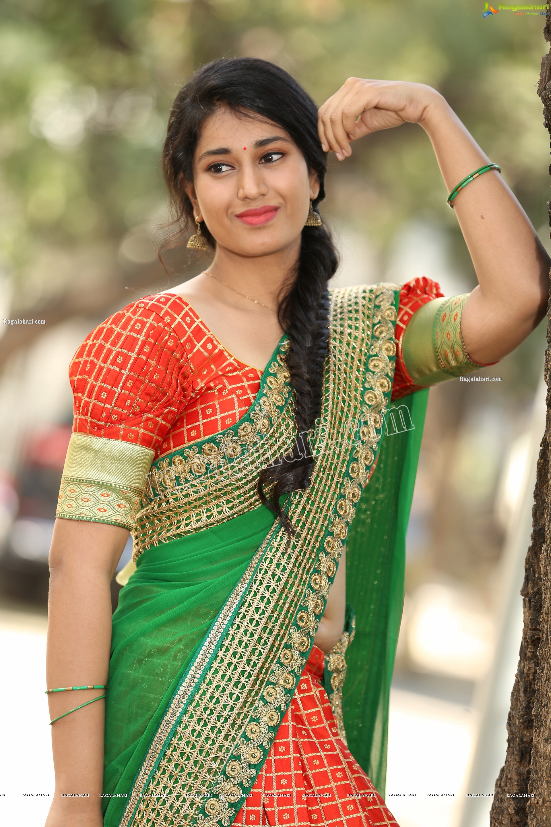 Akhila Ram in Red and Green Classic Combination Half saree, Exclusive Photo Shoot