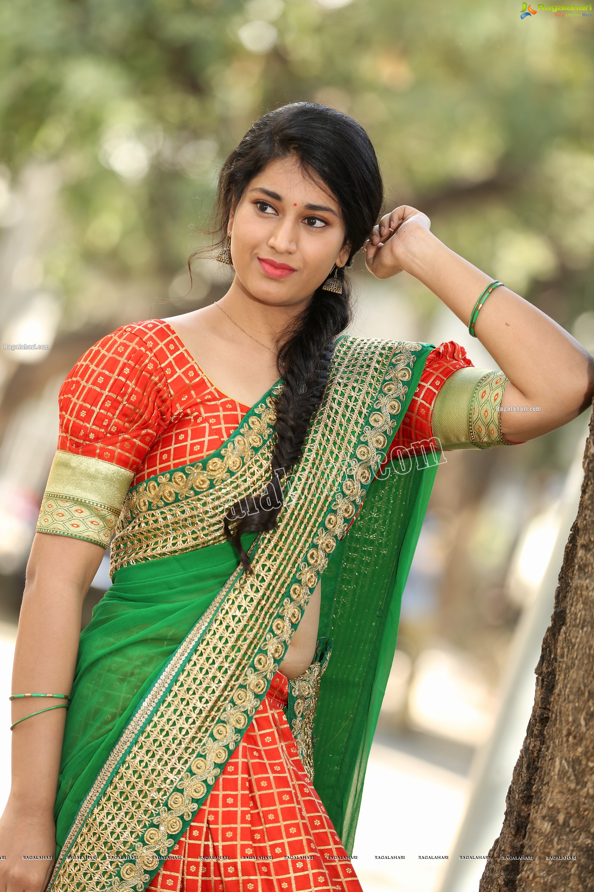 Akhila Ram in Red and Green Classic Combination Half saree, Exclusive Photo Shoot