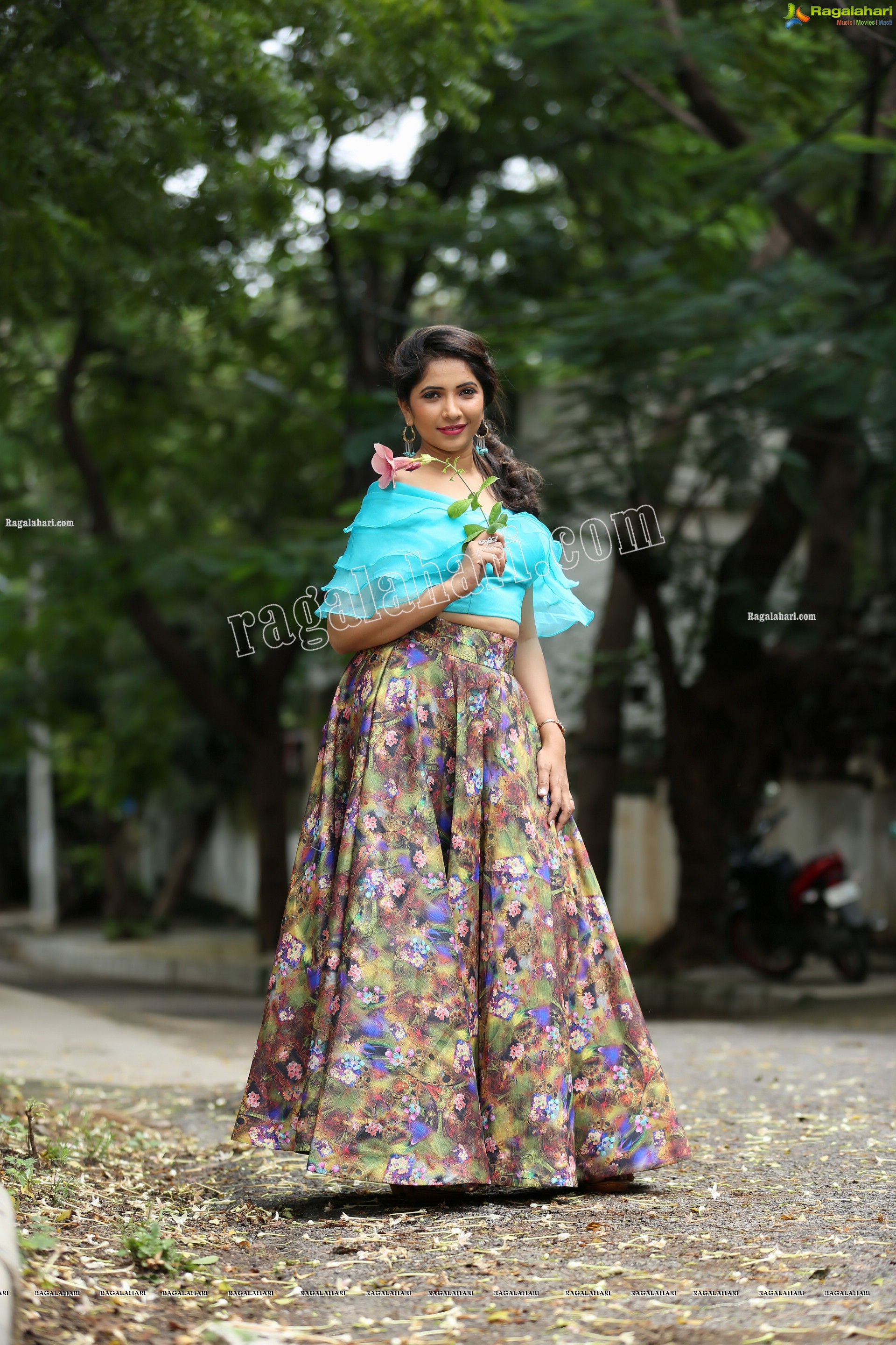 Indu in Sky Blue Frill Crop Top and Floral Lehenga Exclusive Photo Shoot