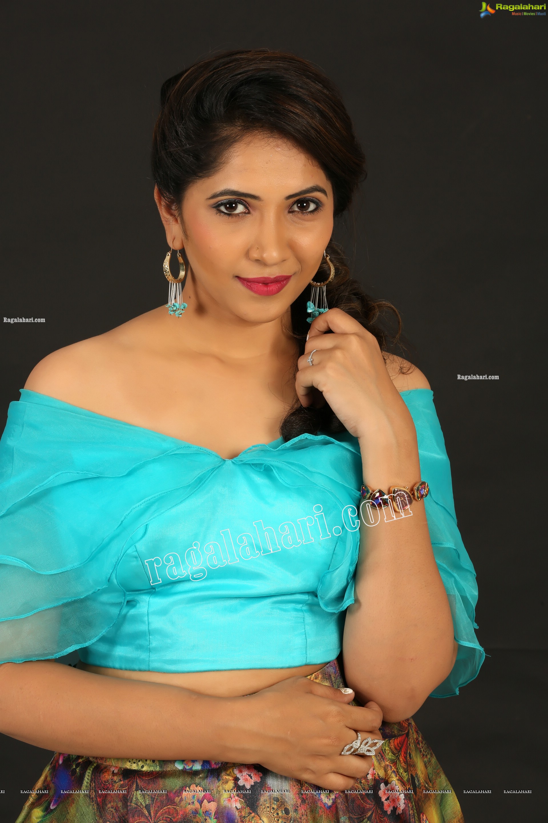 Indu in Sky Blue Frill Crop Top and Floral Lehenga Exclusive Photo Shoot