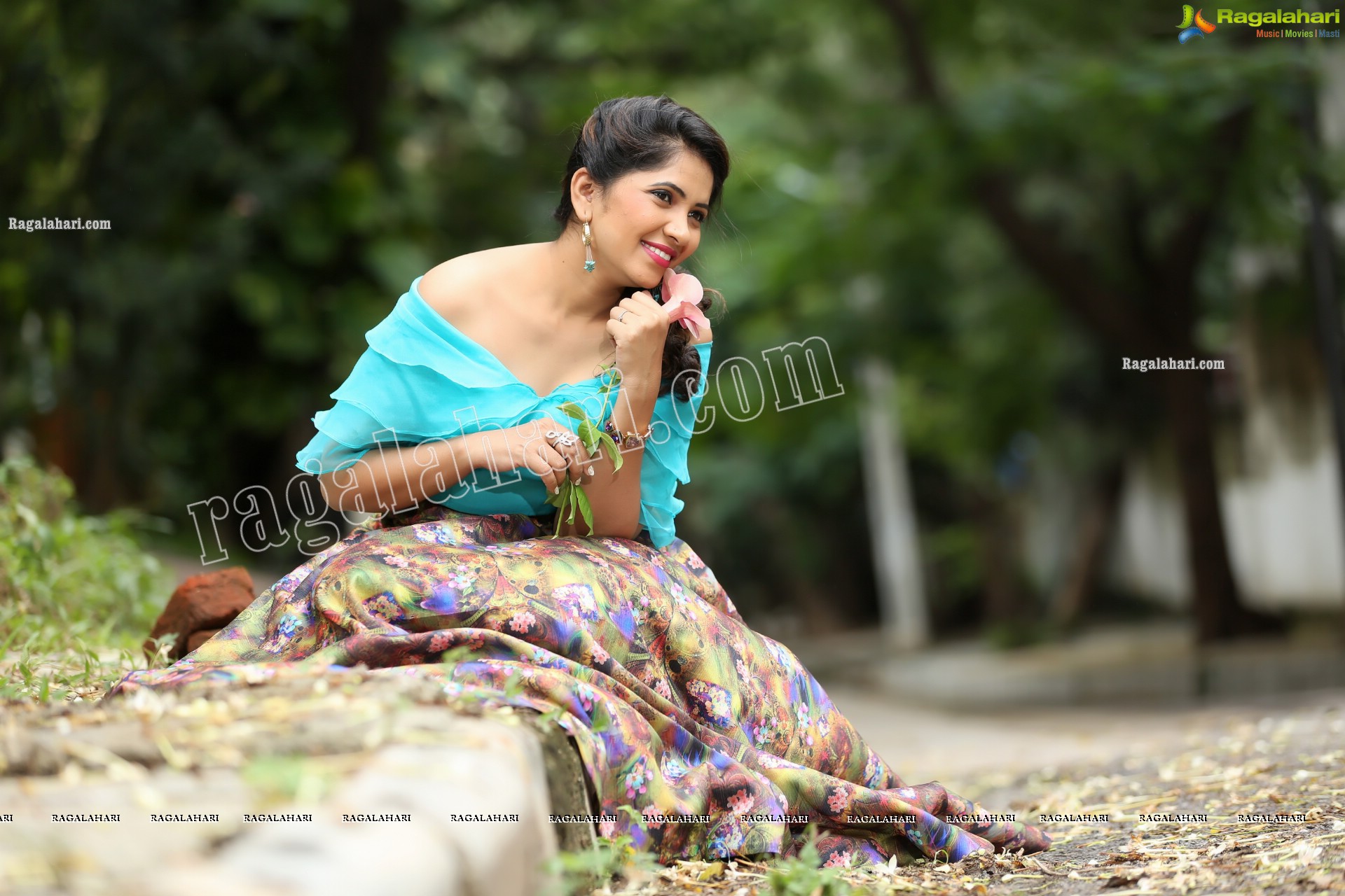 Indu in Sky Blue Frill Crop Top and Floral Lehenga Exclusive Photo Shoot