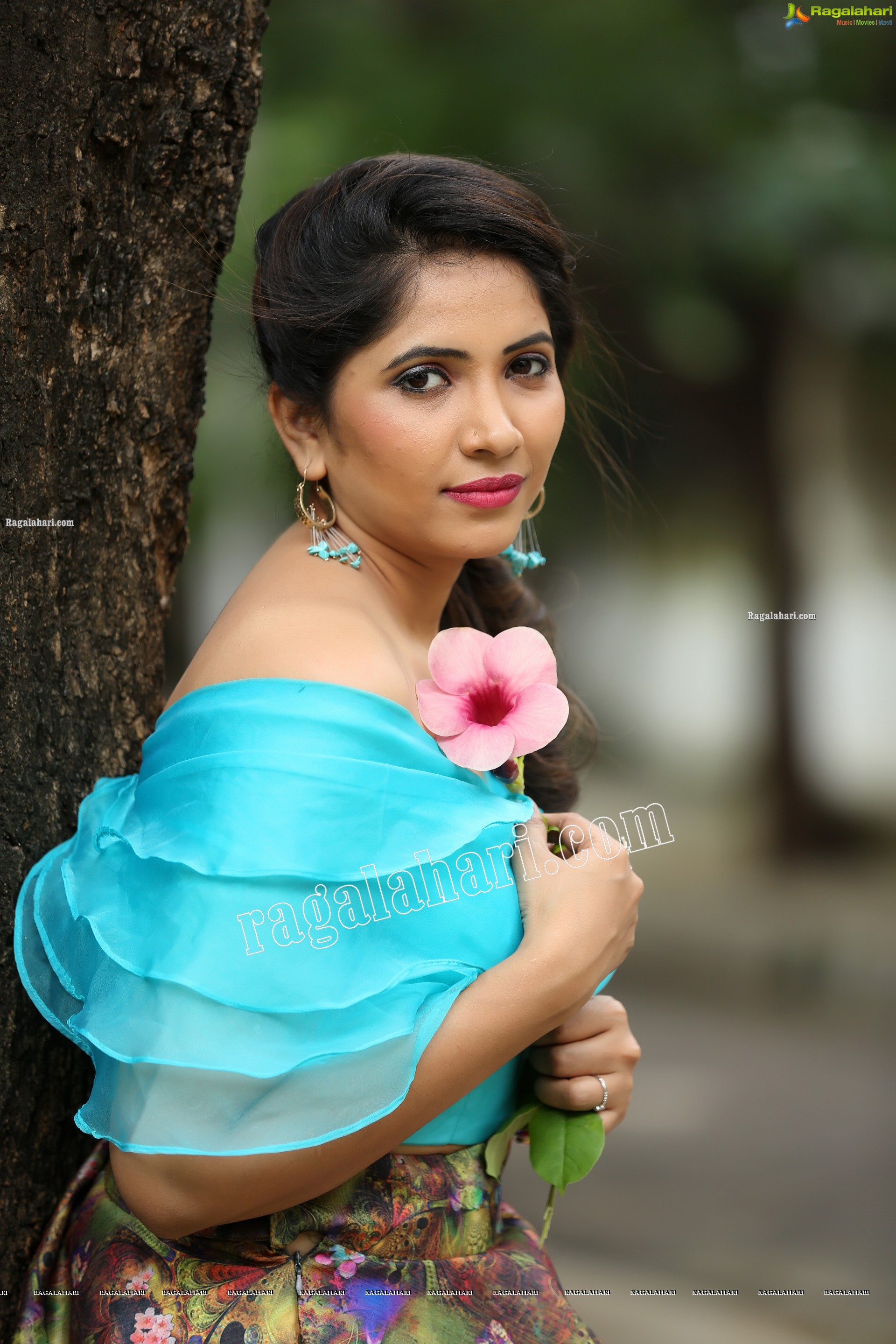 Indu in Sky Blue Frill Crop Top and Floral Lehenga Exclusive Photo Shoot