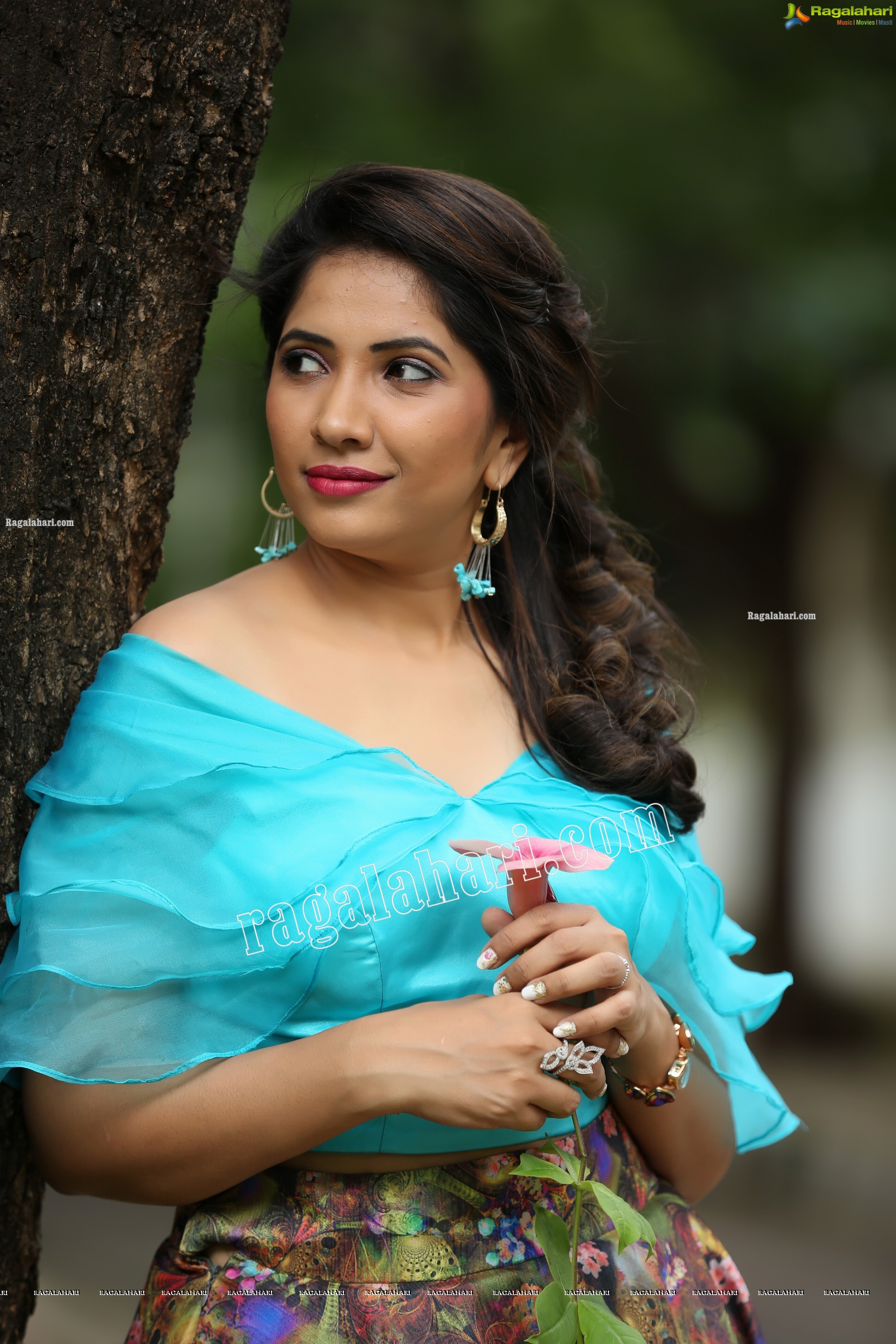 Indu in Sky Blue Frill Crop Top and Floral Lehenga Exclusive Photo Shoot