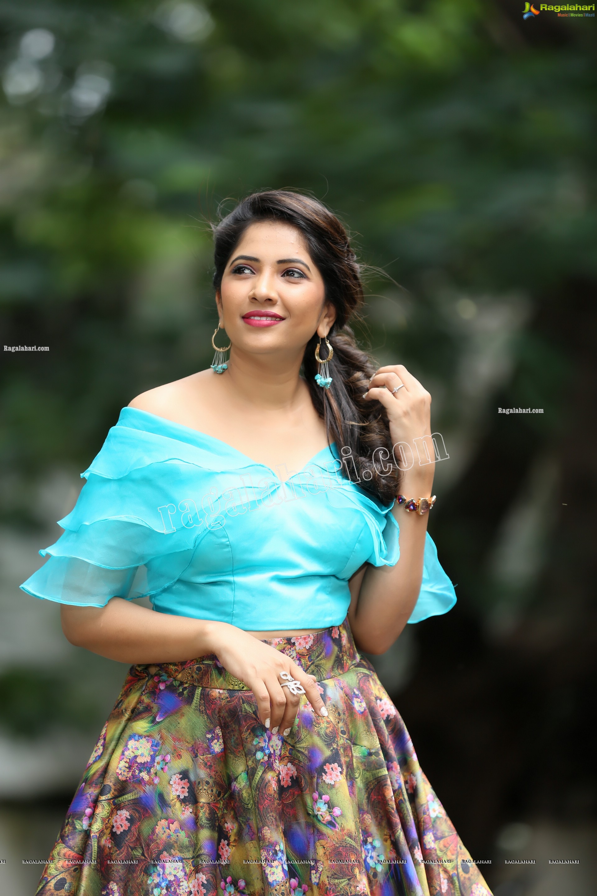 Indu in Sky Blue Frill Crop Top and Floral Lehenga Exclusive Photo Shoot