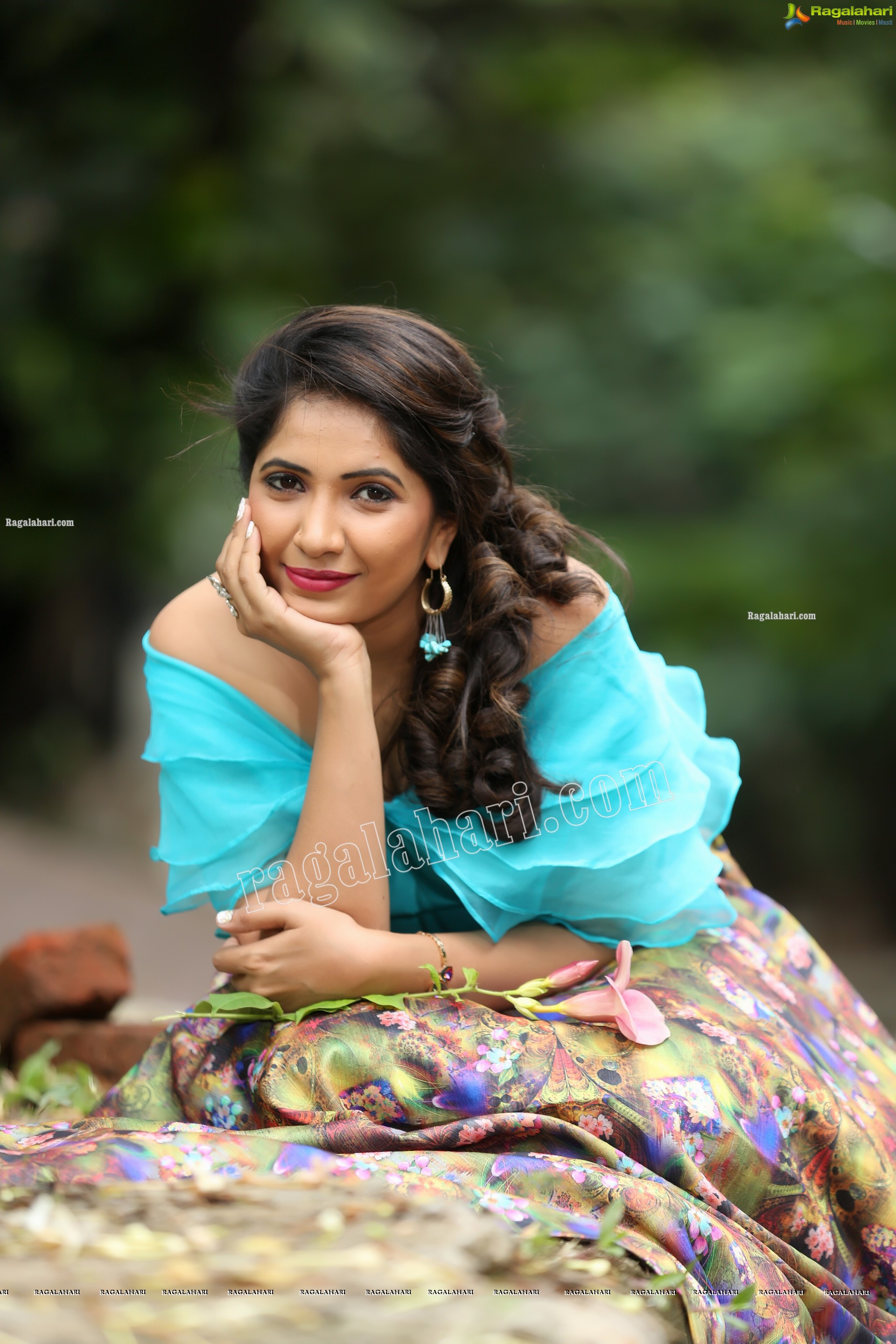 Indu in Sky Blue Frill Crop Top and Floral Lehenga Exclusive Photo Shoot