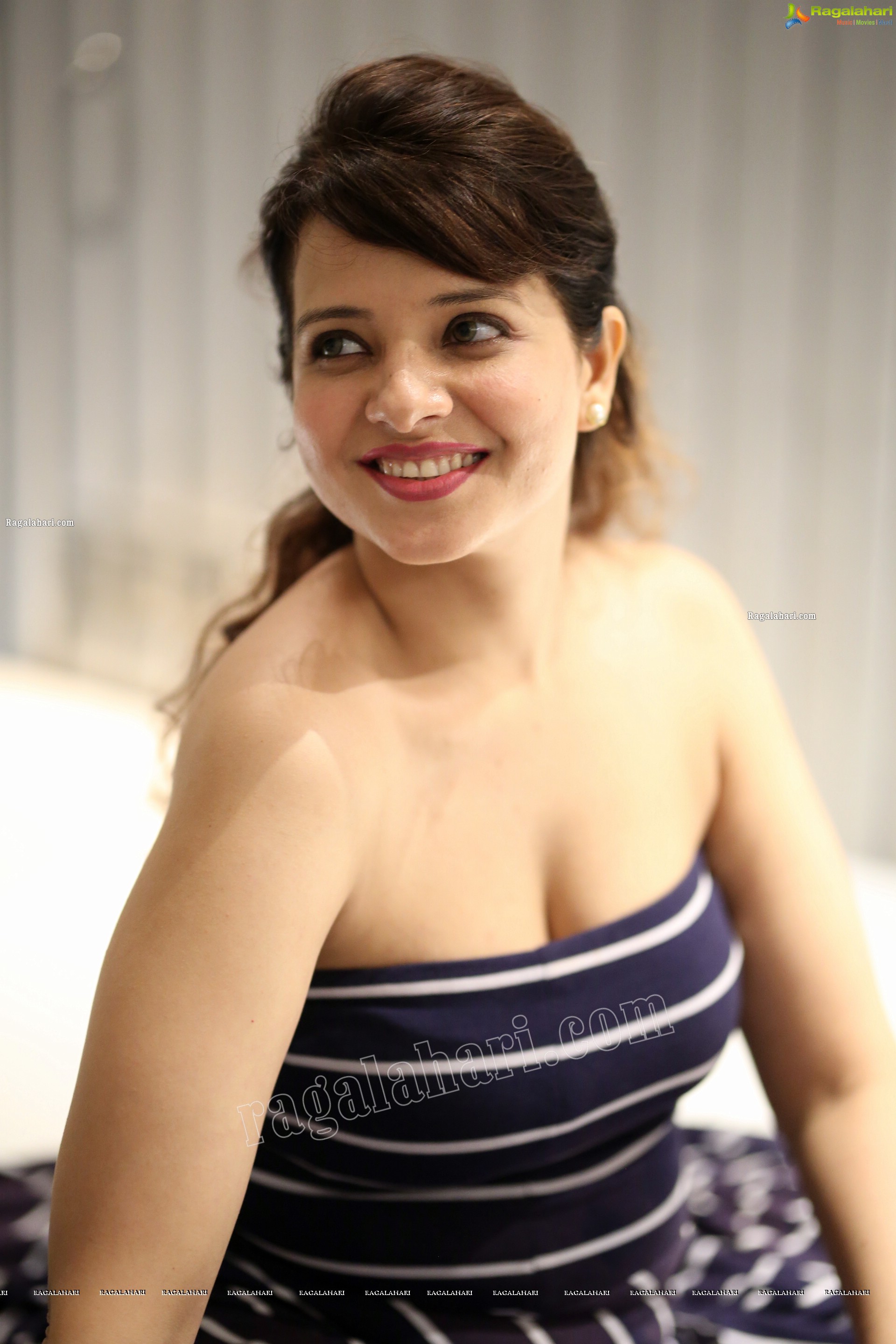 Saloni Aswani in Navy Blue Strapless Striped Long Swing Dress, Exclusive Photo Shoot