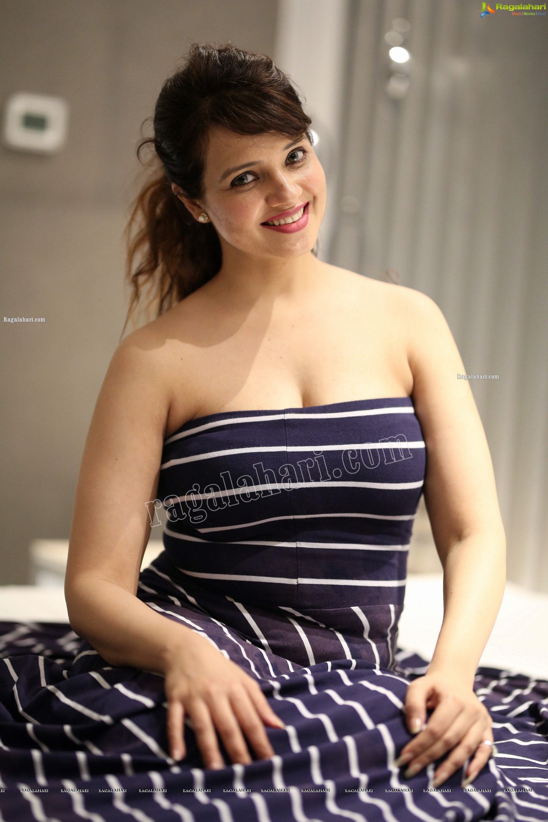 Saloni Aswani in Navy Blue Strapless Striped Long Swing Dress, Exclusive Photo Shoot