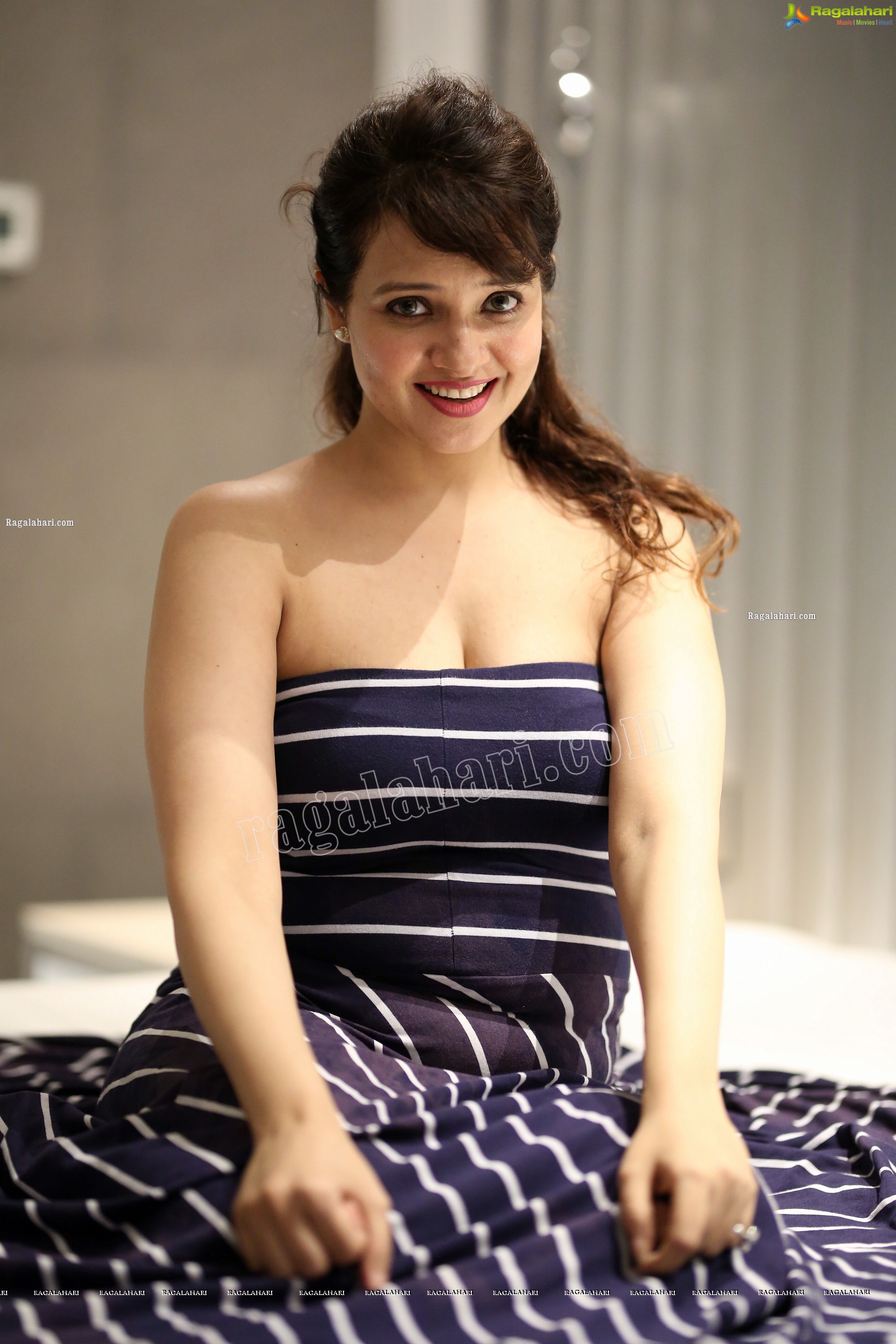 Saloni Aswani in Navy Blue Strapless Striped Long Swing Dress, Exclusive Photo Shoot