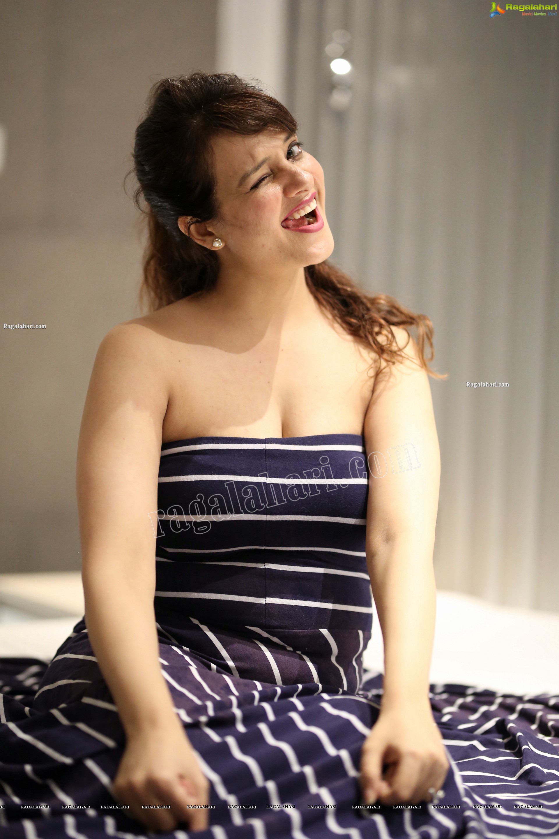 Saloni Aswani in Navy Blue Strapless Striped Long Swing Dress, Exclusive Photo Shoot