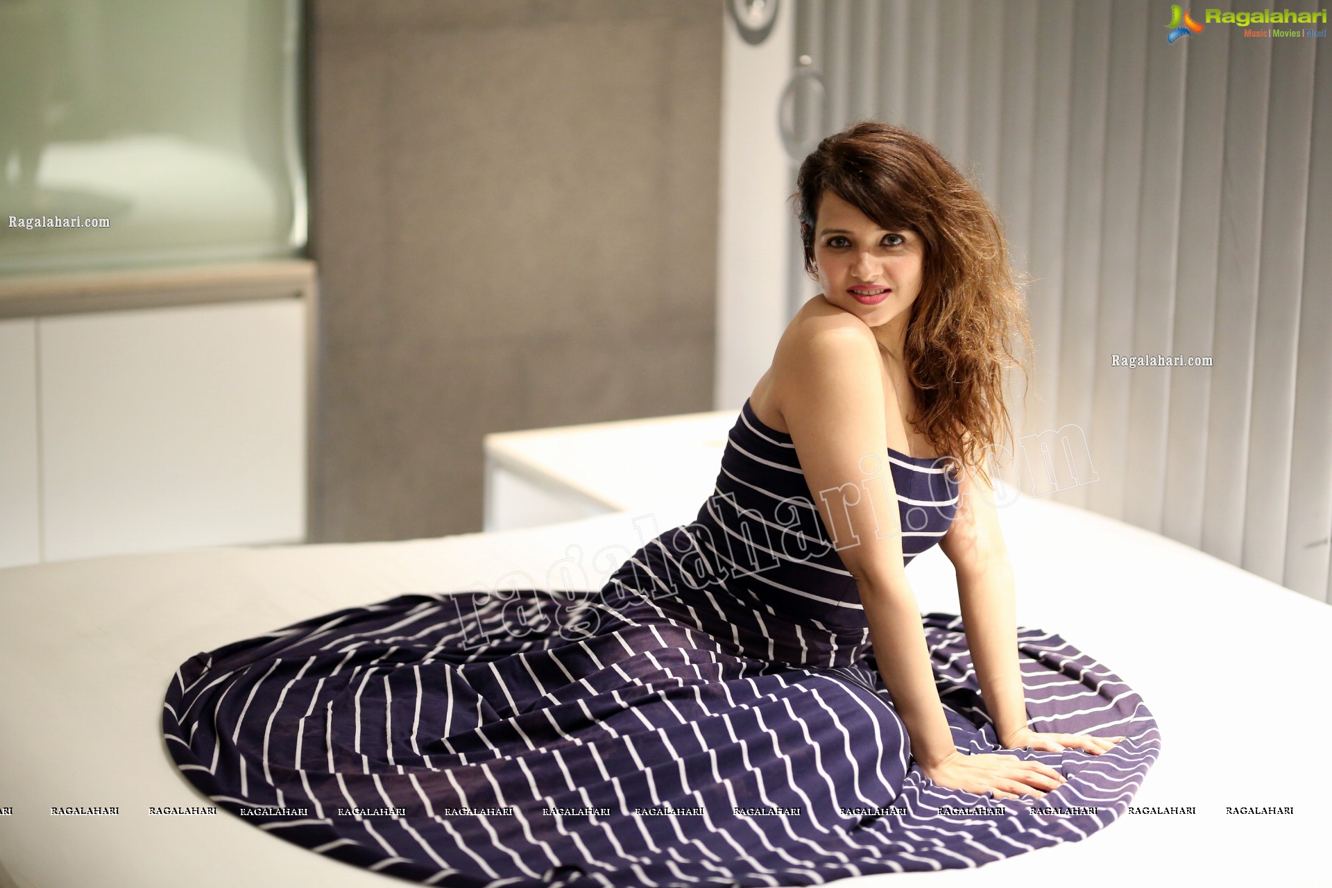 Saloni Aswani in Navy Blue Strapless Striped Long Swing Dress, Exclusive Photo Shoot