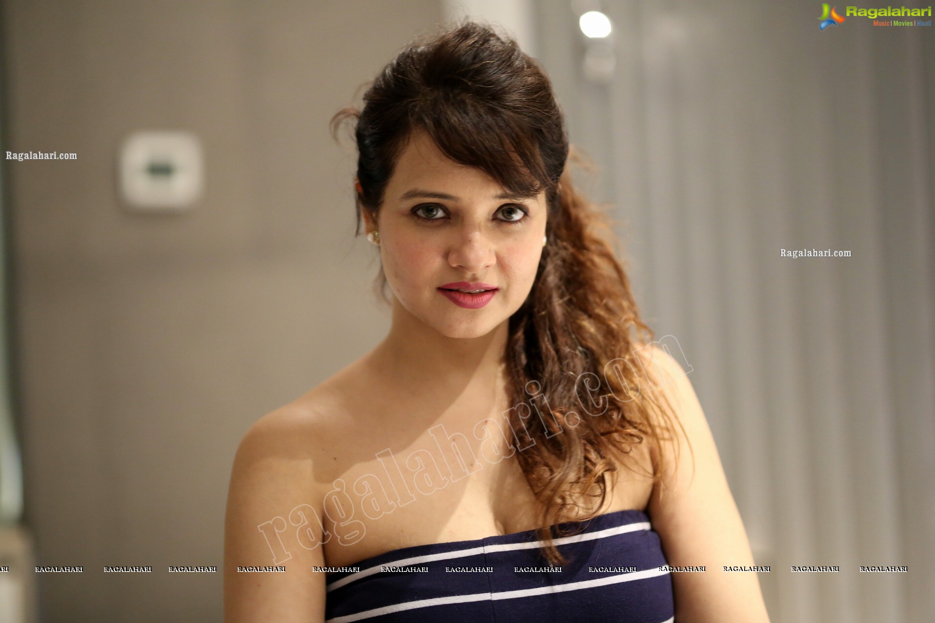 Saloni Aswani in Navy Blue Strapless Striped Long Swing Dress, Exclusive Photo Shoot